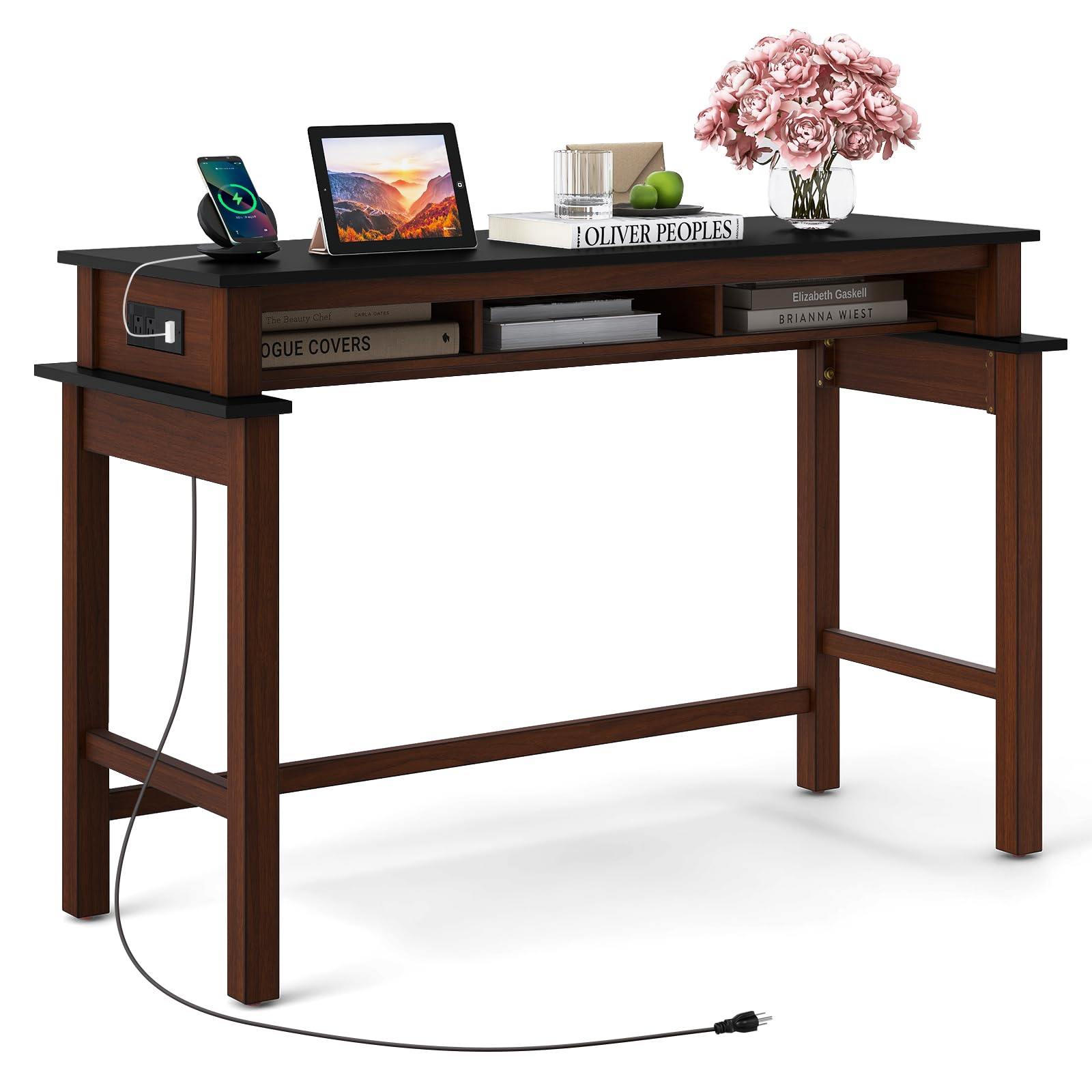 COSTWAY Bar Table with Charging Station, 36” Counter Height Table w/ 3 Storage Compartments, Power Outlets, Modern Farmhouse Console Table for Kitchen