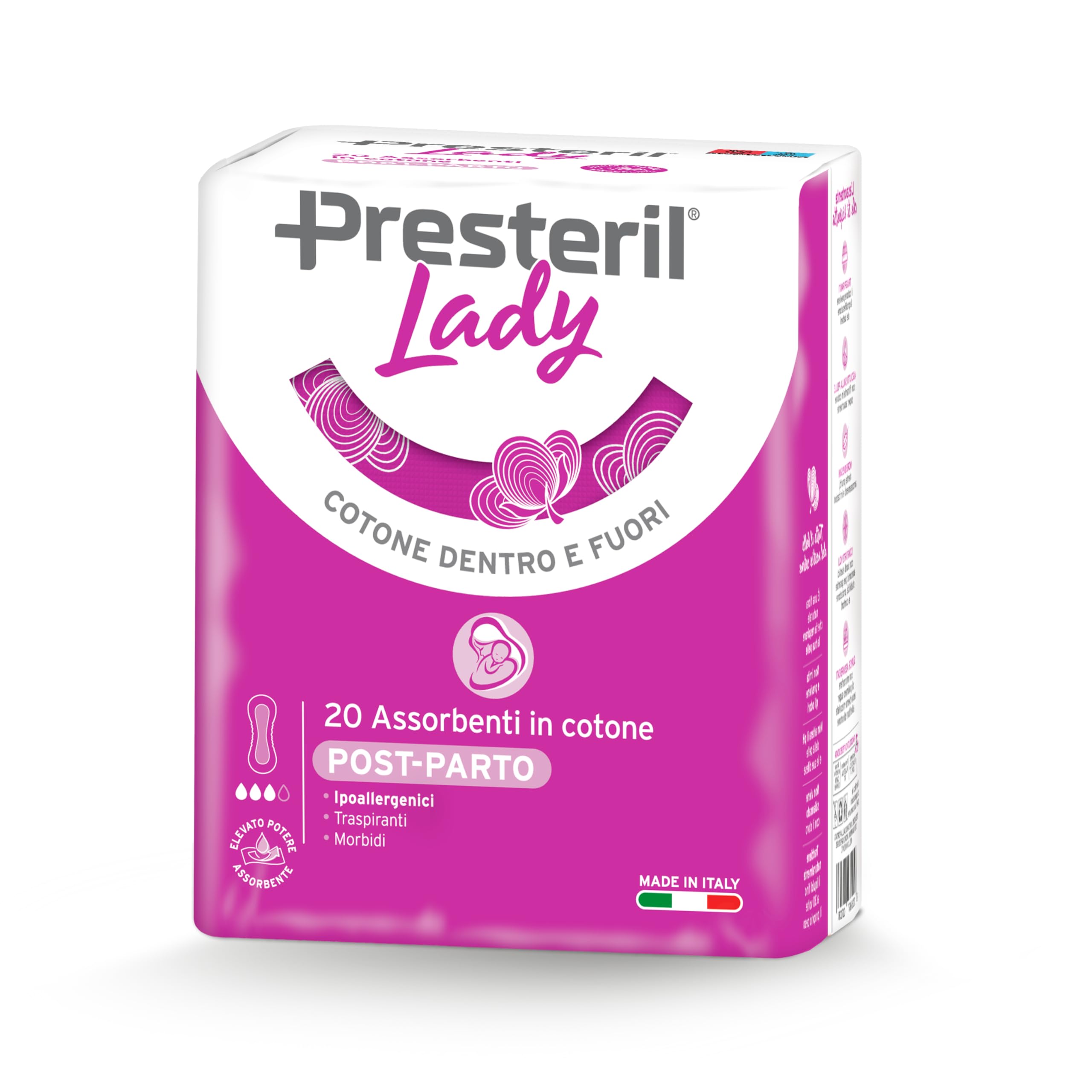Presteril Lady, Assobenti Post Parto in 100% Cotone sia Dentro che Fuori, 1 confezione da 20 unità