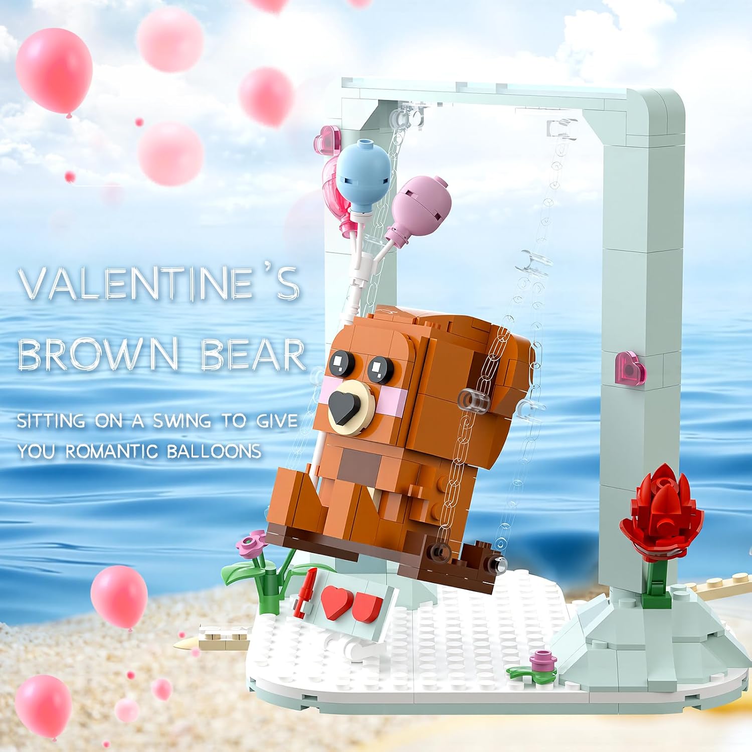 Nubee Valentine’s Brown Bear Building Toys Compatible for Lego, Cute Swing Bears Building Sets with Heart, Flowers, I Love You, Cupid's Arrow, Birthday Valentine Gifts for Boys Girls Aged 8+