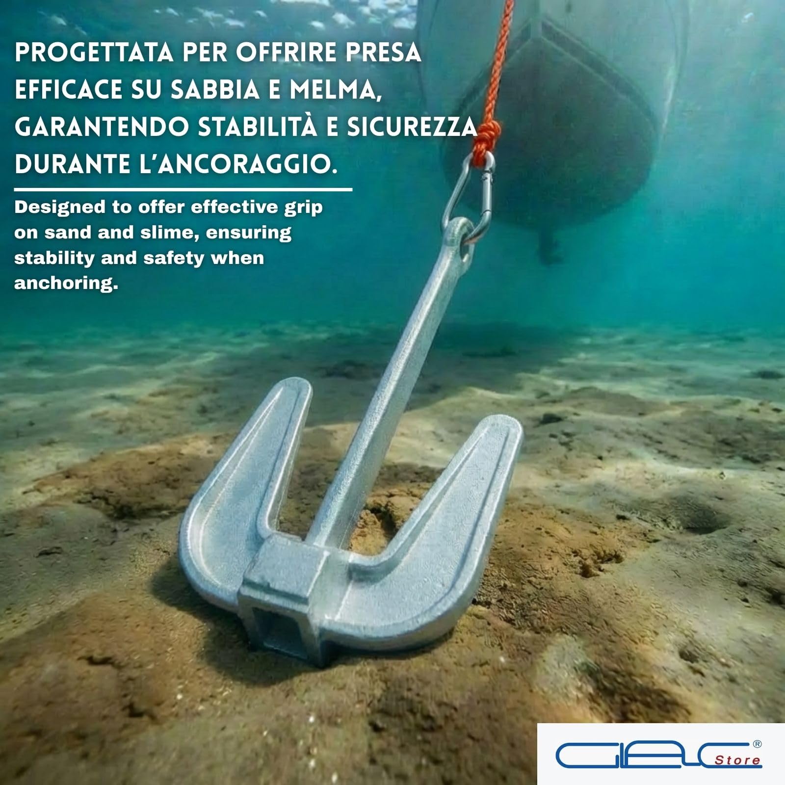 Ancora Hall in Ghisa Zincata a Caldo con Cima Galleggiante 30m e Moschettone Inox Inclusi – Ceppo Mobile per Barca e Gommone – Sabbia e Fango – 2Kg 3Kg 4Kg 6Kg 8Kg10Kg