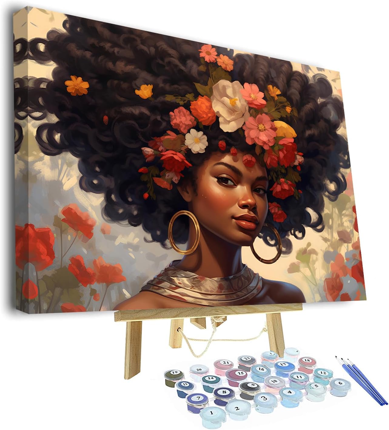 Rebotipy Paint by Number for Adults DIY Black Girls Painting Art Beautiful African American Woman Picture Flower Paint by Numbers Artwork for Beginner Painting Enthusiasts 16x20 in (Framed)