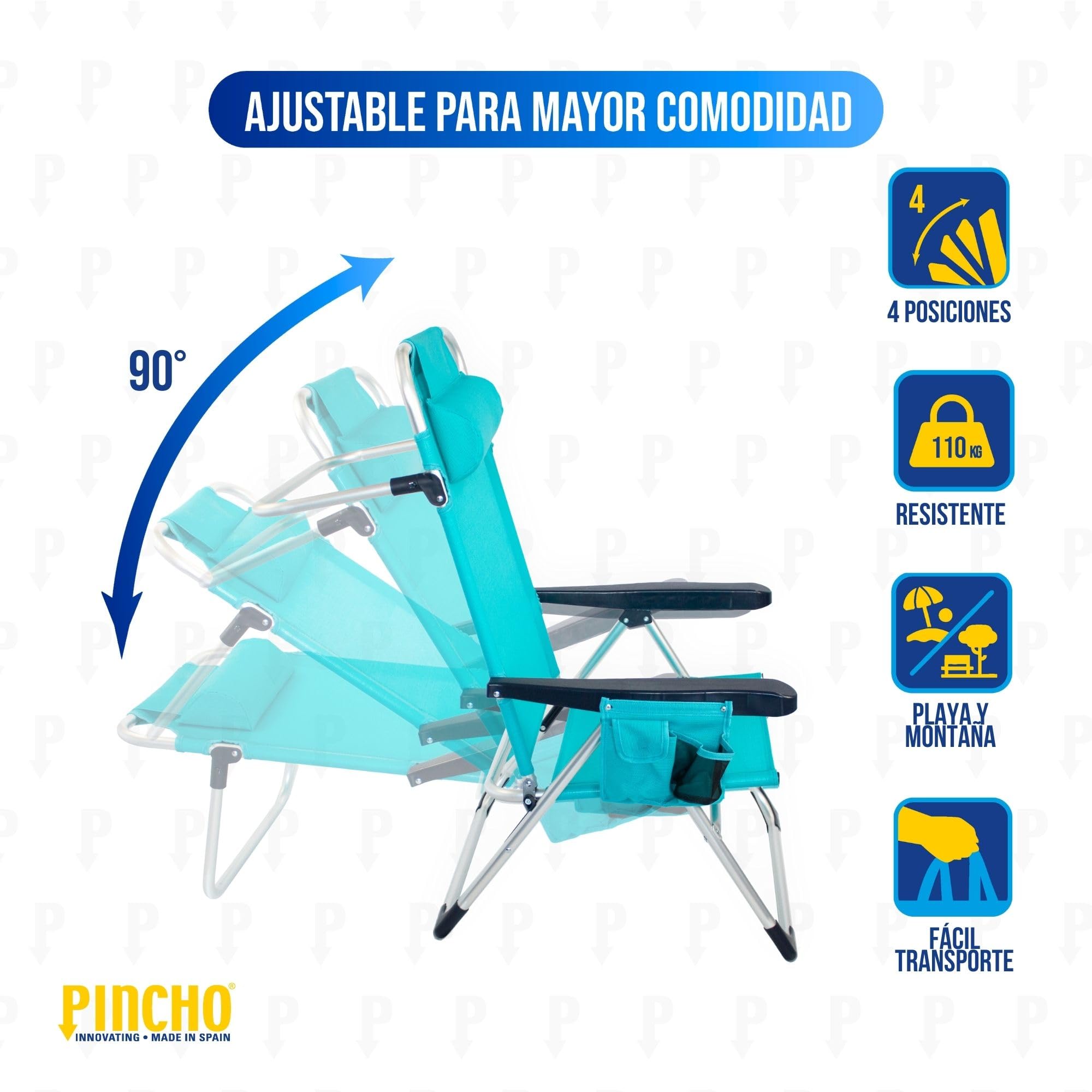 Pincho Silla Playa Plegable, Sillon Alto con Cojín, Reclinable, Altura del Asiento 29,5 cm, Asa de Transporte, Bolsillo para Movil y Bebida Textileno Resistente, Jardin, Camping, Hamaca (Turquesa, 2)