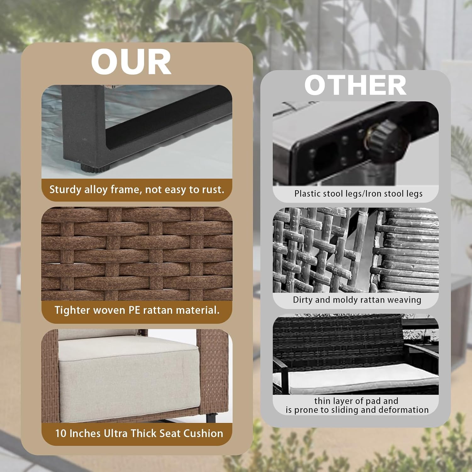 6-Piece Outdoor Patio Furniture Set, Rocker Chairs and Sofa with 10 inch Thick Cushions and Steel Frame and Wooden Board, PE Rattan Weaving Outdoor Conversation Set Brown/Light Gray Linen