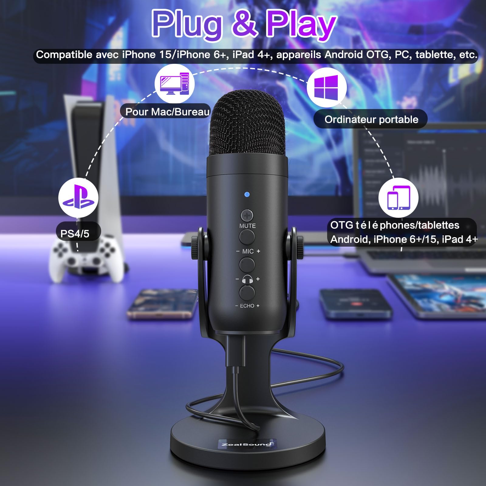 ZealSound Micro Podcast USB à Condensateur - Réduction du Bruit Microphone pour PC, téléphone & iPhone, avec Muet, Gain & Echo, pour Gaming, Streaming, Enregistrement, Twitch, Mac, Windows et PS5, K66