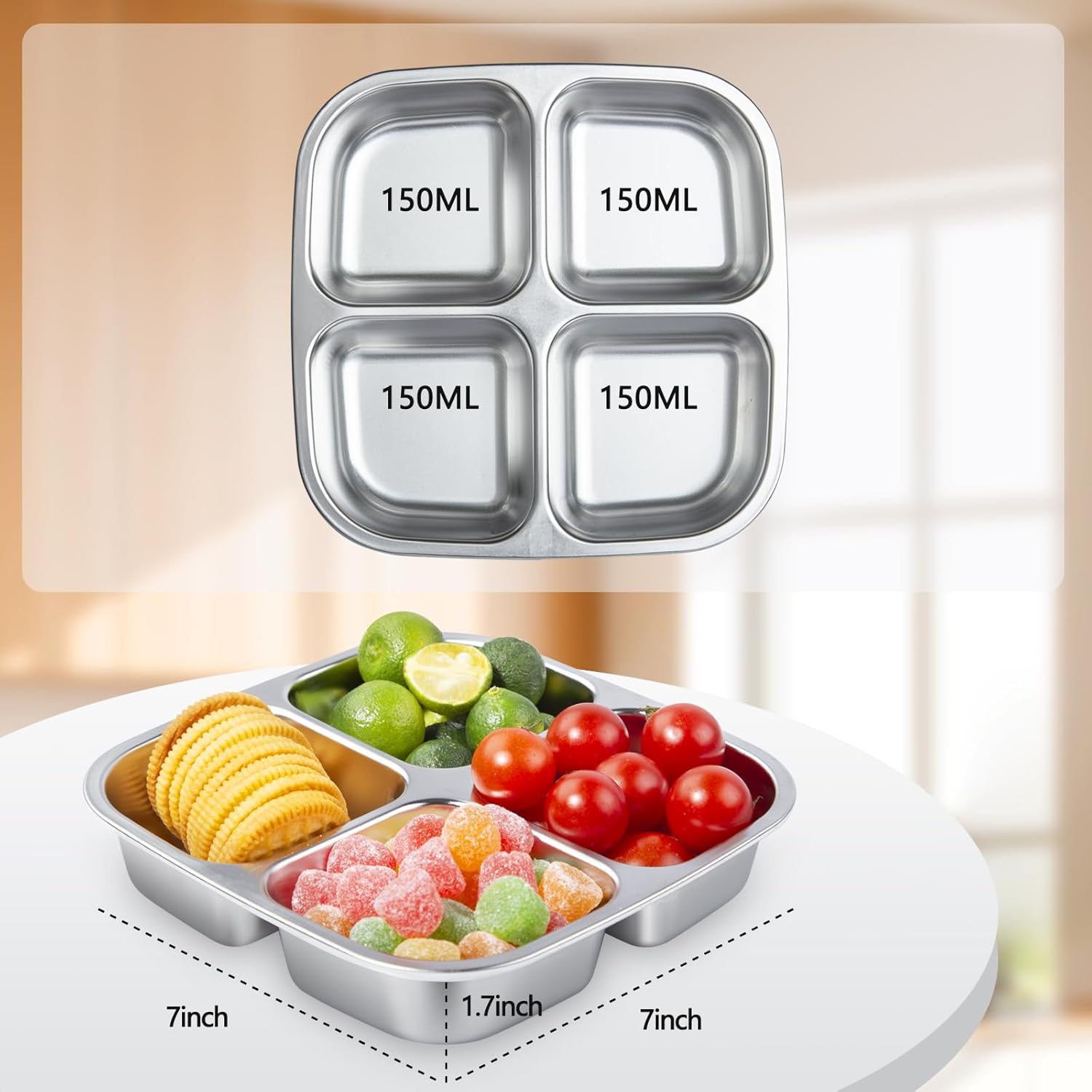 2 Pack Stainless Steel Snack Containers, 4 Compartment Lunch Containers with Lids, Leak-Resistant Bento Lunch Box for for Office, Outdoor - Image 2