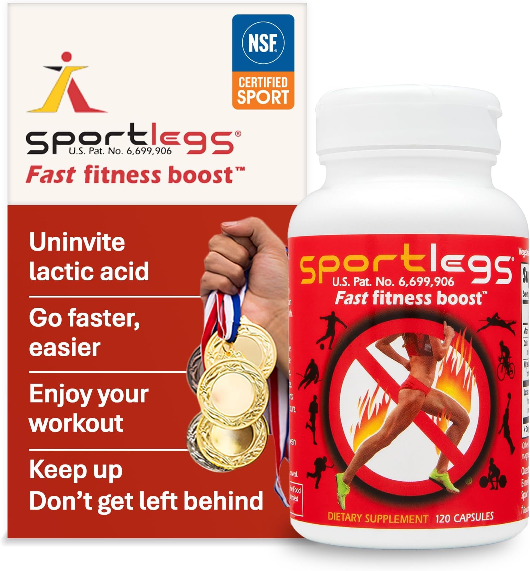 SPORTLEGS Fast Fitness Boost Pre Workout for Men and Women, Lactic Acid Supplement, Sports Endurance Fuel, Endurance Supplements for Runners - NSF Certified for Sport,120-Capsule Bottle, Pack of 1