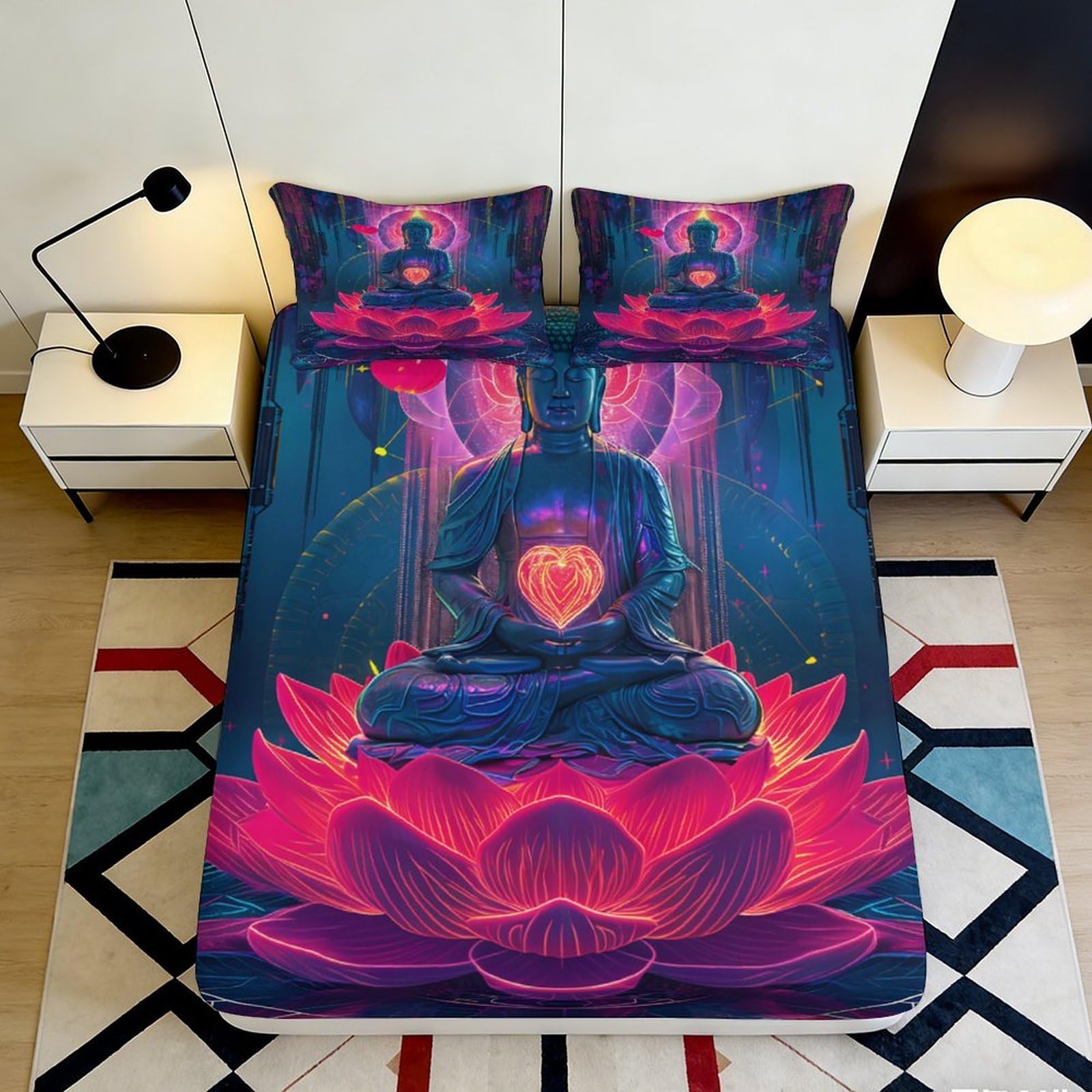 3D Printed Neon Buddha Fitted Sheet Microfiber Soft Breathable Lotus Flower Bed Cover for Bedroom Dormitory Guest Room Mattress Protection Decor 90x200x25cm