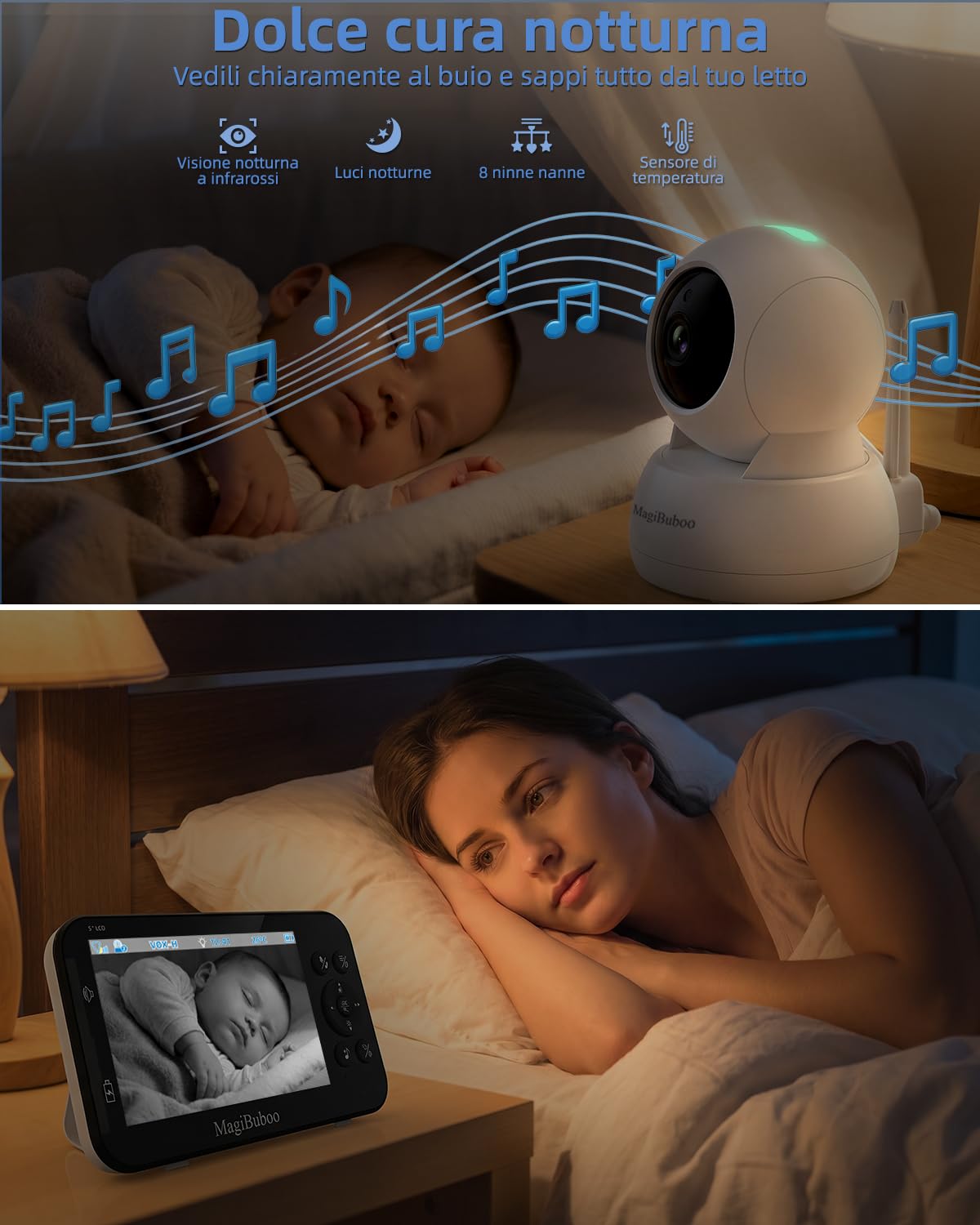 Baby monitor con telecamera senza WiFi, visione notturna a infrarossi, batteria da 5200 mAh, display HD IPS da 5 pollici, 720p, audio bidirezionale, modalità ECO/VOX, rilevamento del vino, audio a 2