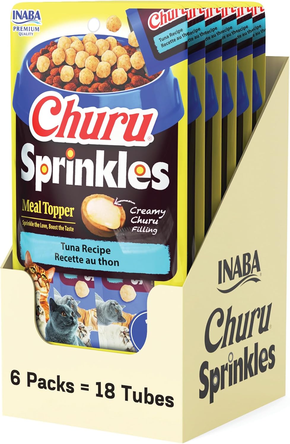 INABA Churu Sprinkles for Cat, Soft & Chewy Churu Filled, Baked Chicken Cat Treat Meal Topper with Vitamin E and Green Tea Extract, 1.05 oz. per Pack, 18 Packs Total,Tuna Recipe