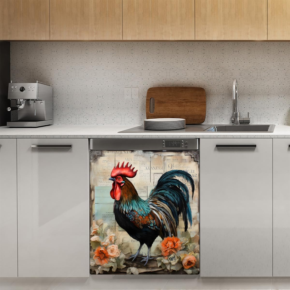 Dishwasher Magnet Cover Retro Rooster Floral Art Painting Decorative Magnetic Dishwasher Door Cover Panel for Kitchen Home Decor Refrigerator Decals Washing Machine stickers 23"x26"