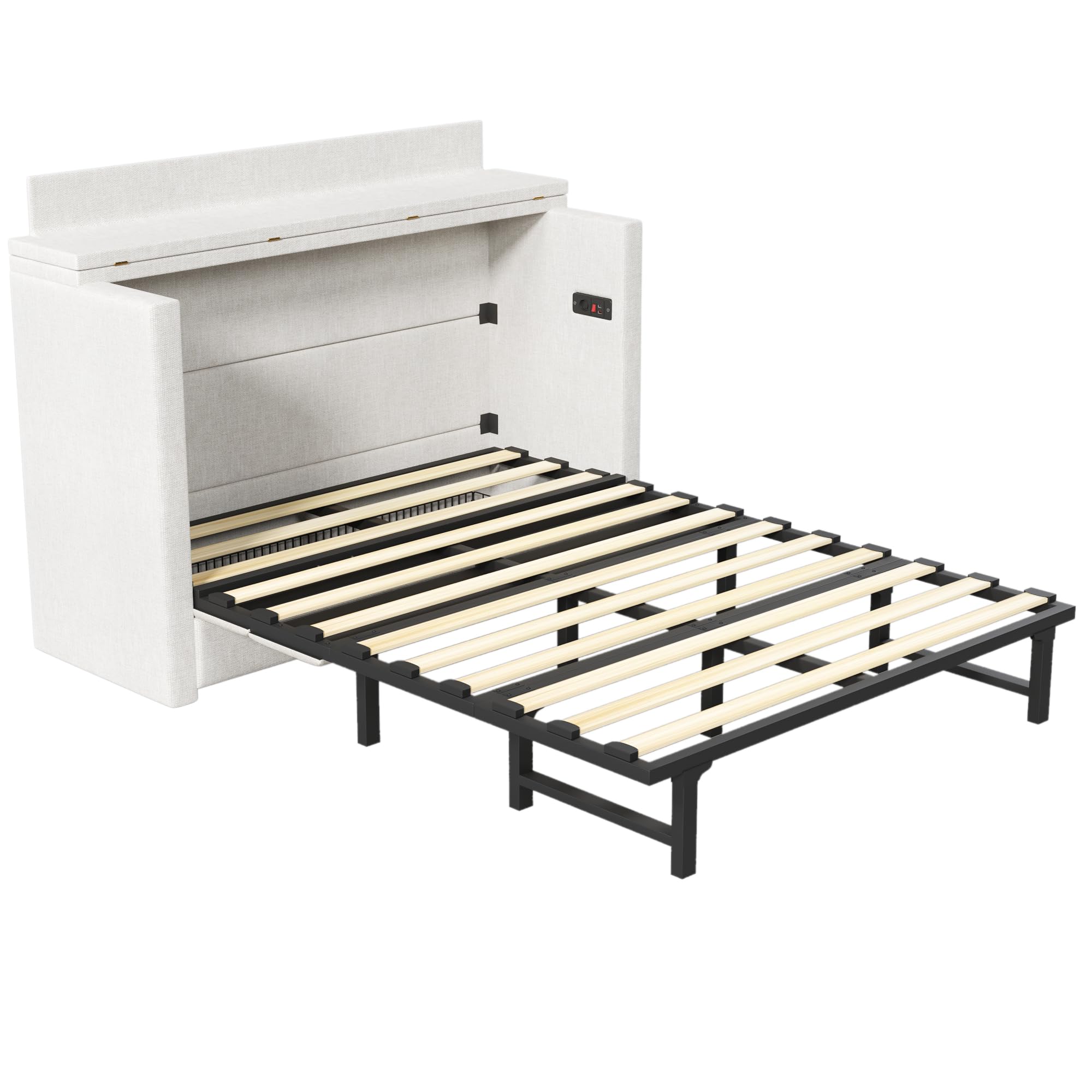 Kebnor Armario cama de 140 x 200 cm, con un cajón, cama móvil con compartimento de almacenamiento junto a la cama, con conexiones USB y tipo C, cama con plataforma convertible, sin colchón, lino