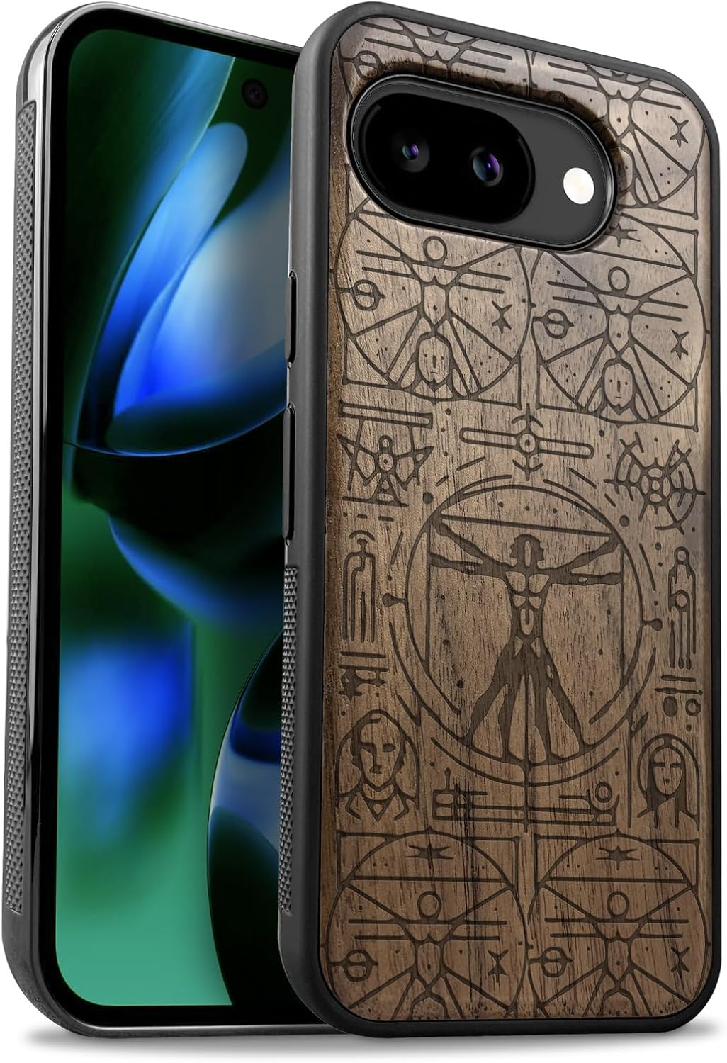 Carveit Magnetic Wooden Case for Google Pixel 10a Case, Wood Artisan Engraved & Soft TPU Shockproof Cover, Compatible with MagSafe Wireless Chargers (Vitruvian Man) Walnut