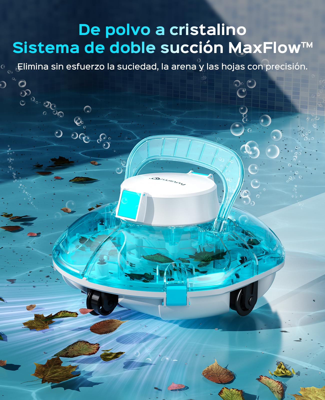 WINNY POOL CLEANER Winny 200 Limpiafondos Piscina, Inalámbrico Robot Limpiafondos Piscina, 75Min Autonomía, Piscinas Desmontables 60m², Doble Filtración,Estacionamiento Auto(Azul Zafiro)