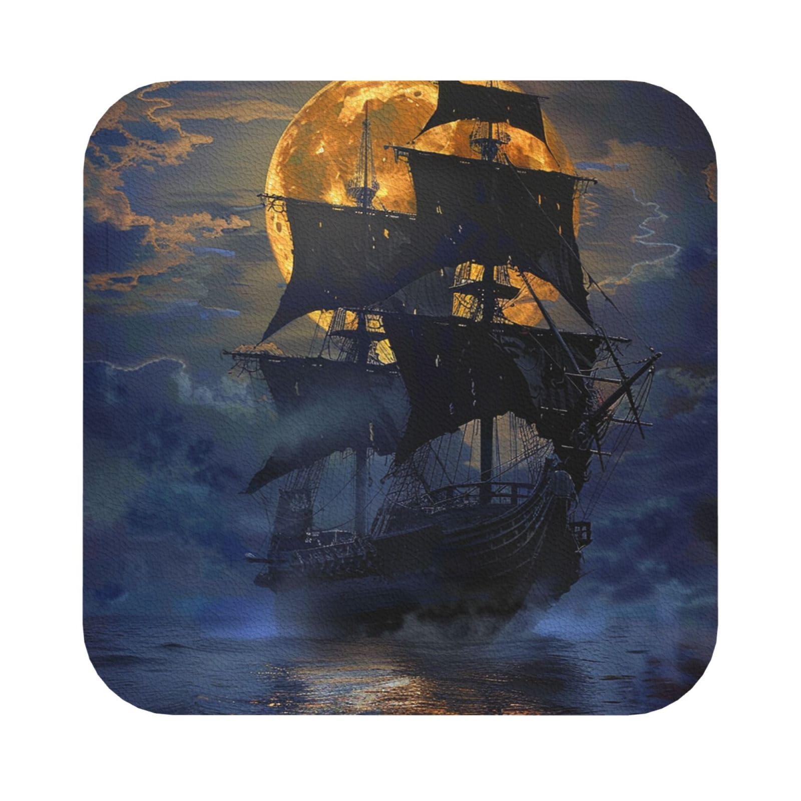 Pirate sailboat full moon Print Leather Coaster Set of 6, Square Coasters Table Decorative Coffee Cup Beverage Coasters Wine Beer Bar Coasters for Hot Drinks Table Protection