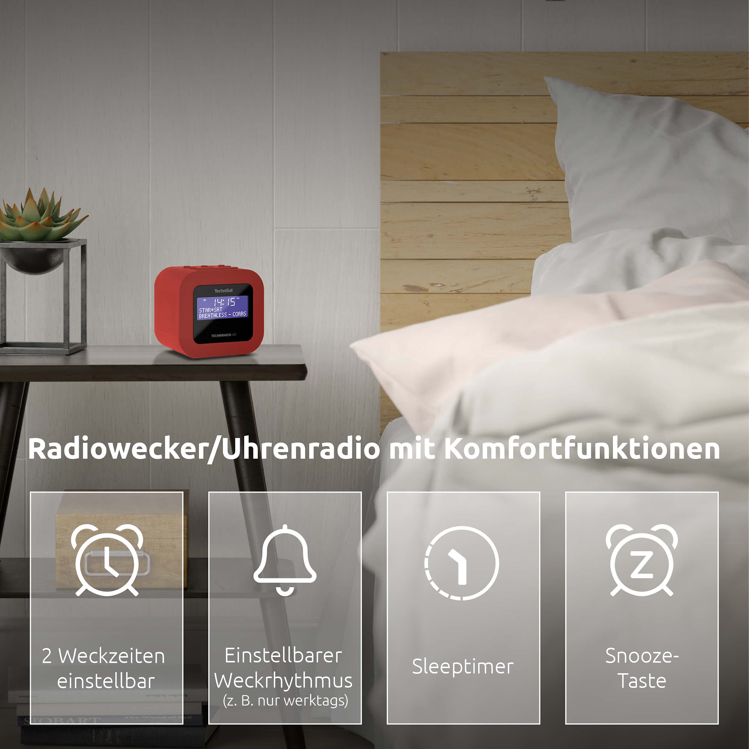 TechniSat TECHNIRADIO 40 - DAB+ Radio Sveglia (DAB, VHF, sveglia con due tempi di sveglia regolabili, Sleeptimer, funzione Snooze, display LCD dimmerabile, funzione ricarica USB) rosso (0002/2940)