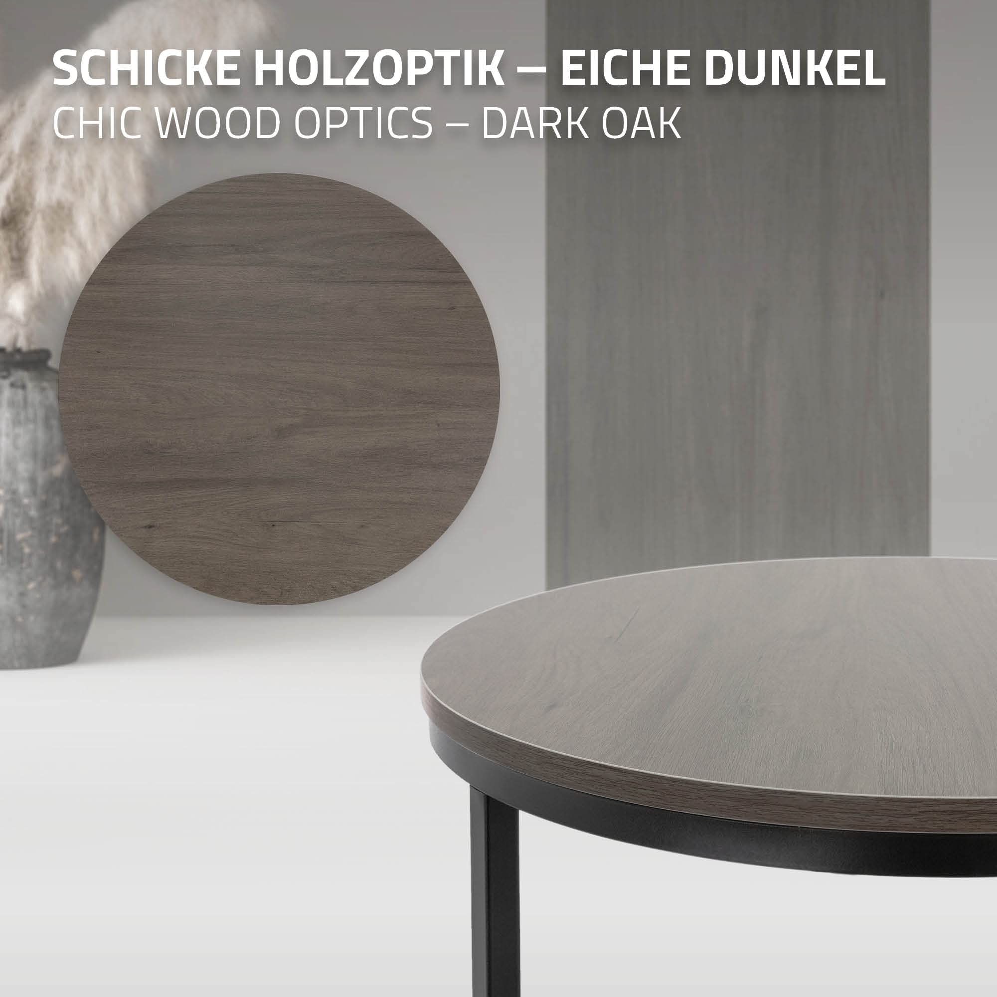 ML-Design Juego de 2 Mesas Auxiliares Redondas de Centro Ø59x40cm/Ø74x48cm MDF Roble Oscuro Estructura de Metal Negro Mesita para Salón Diseño Moderno Tablero para Lámparas Accesorios Decorativos