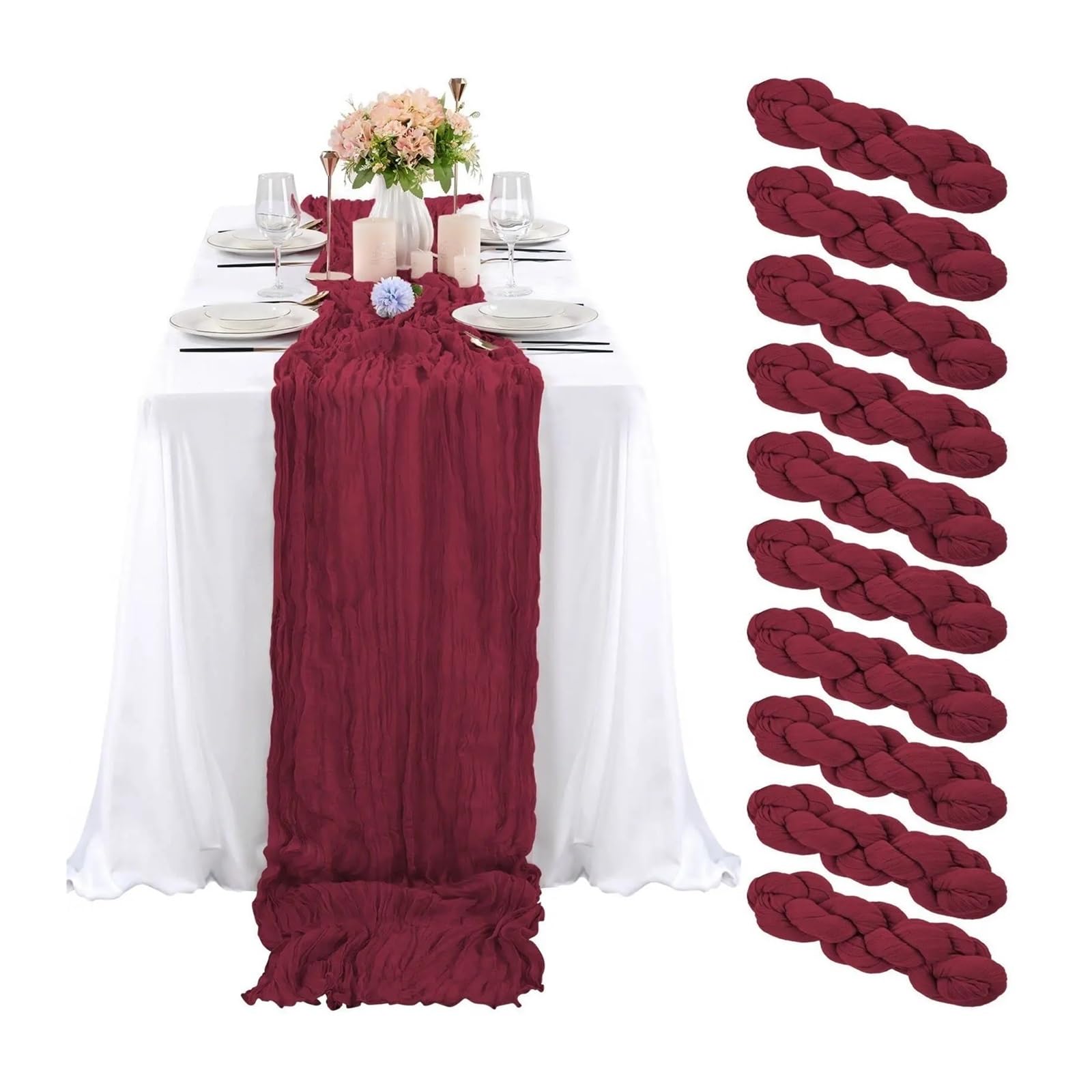 Chiffon Table Runner 10 PCS Table Runner Gauze Crepe Cheese Cloth Wedding Decoration Party Farmhouse Tabledecor House Warming(Burgundy,90x400cm)