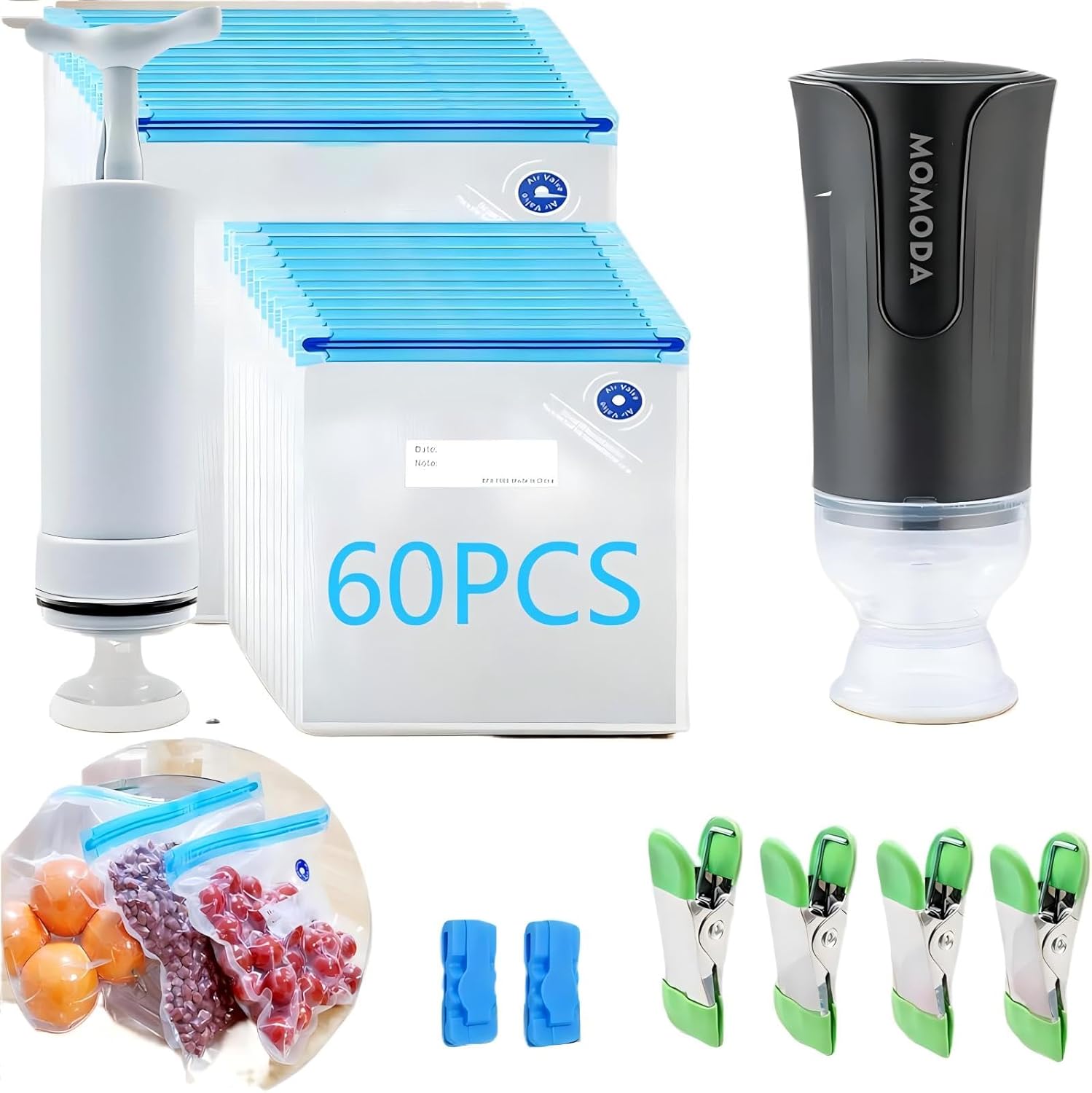MOMODA Sous Vide Cooking Bags Bundle: 60 Reusable Vacuum Seal Bags with 8 Sealing Clips & 2 Pump Included for Anova, Joule, and All Immersion Circulators - Perfect for Sous Vide Precision Cooking
