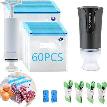 MOMODA Sous Vide Cooking Bags Bundle 60 Reusable Vacuum Seal Bags with 8 Sealing Clips & 2 Pump Included for Anova, Joule, and All Immersion Circulators - Perfect for Sous Vide Precision Cooking