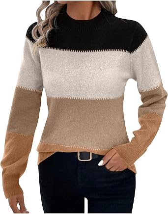 Womens Lightweight Cabel Knit Pullover Sweaters Long Sleeve Fall Winter Business Casual Color Block Sweater Tops