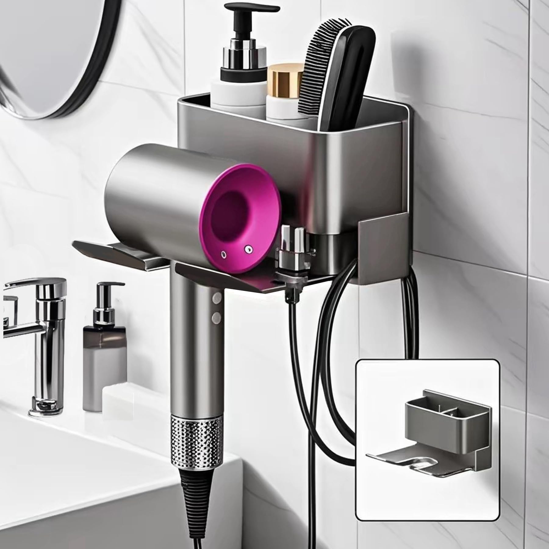 Porta Phone Bagno da Muro, Porta Asciugacapelli in Alluminio, Organizzatore di Strumenti e Accessori per Lo Styling con Gestione dei Cavi, Adatto per Bagno e Salone