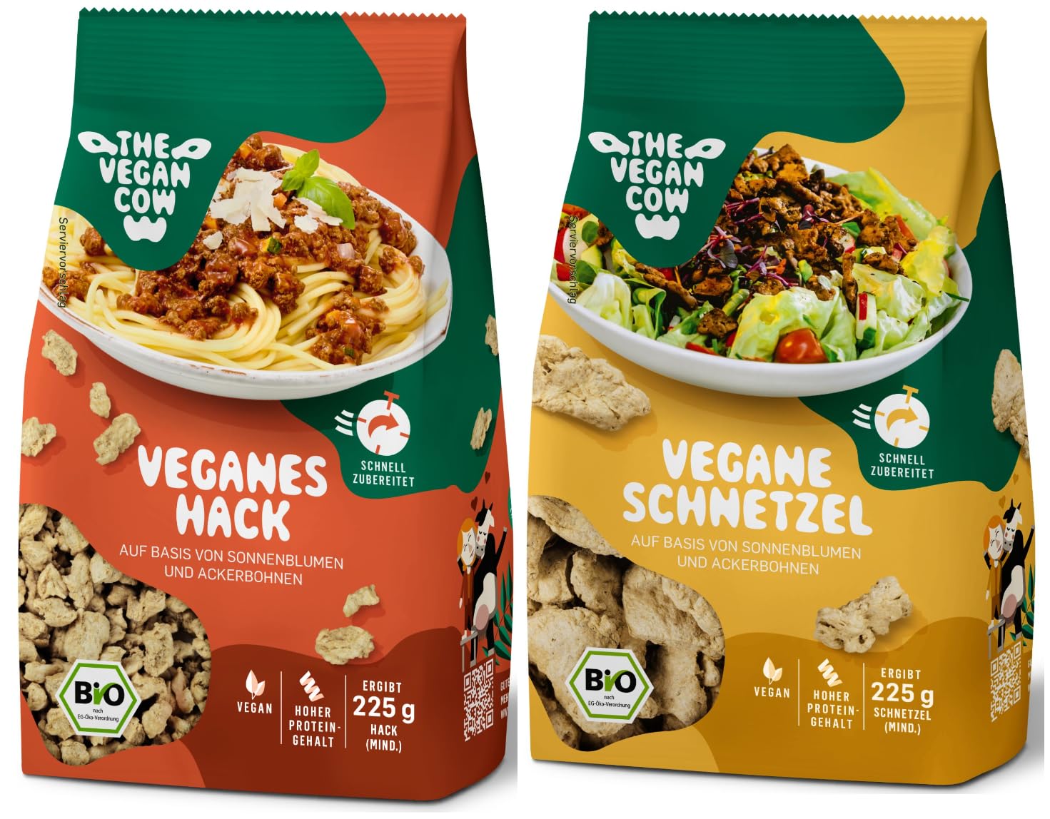 THE VEGAN COW - Veganer Bio-Fleischersatz - 75g (225g zubereitet) - doppelte Proteinquelle - TOP Qualität, Geschmack und Konsistenz - Allergenfrei und ohne Soja (2x75g, Veganes Hack und Schnetzel)