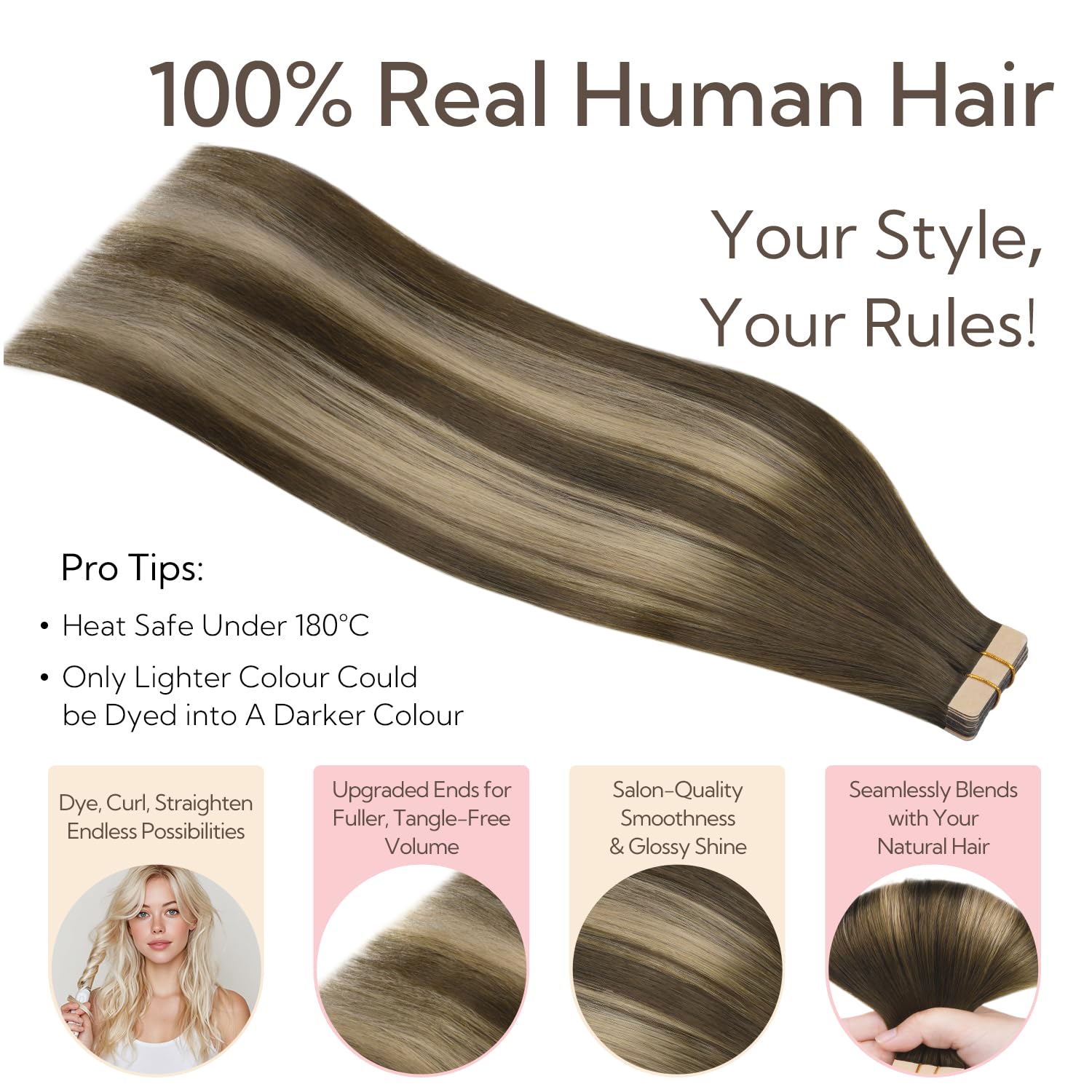 HOTBANANA Extension Capelli Veri Biadesivo, Balayage Marrone Cioccolato a Biondo Miele Extension Biadesive Capelli Veri Lisci 60cm 20pcs Remy Tape in Hair Extensions 50g