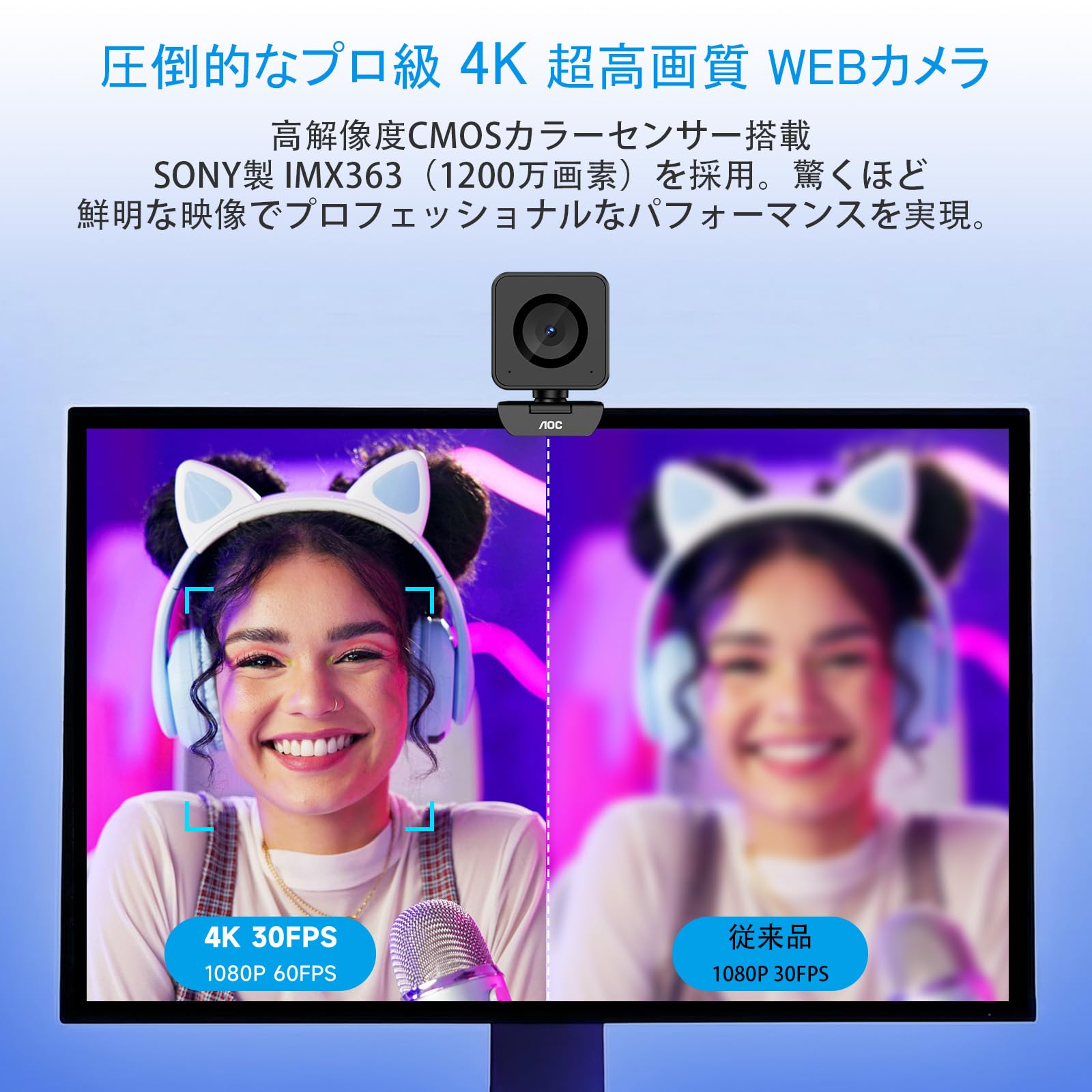 AOC WEBカメラ 4K 1200万画素 IMX363センサー搭載 PDAF 高速オートフォーカス F1.8大口径 1080P 60FPS ウェブカメラ マイク内蔵 プライバシーカバー 画角75° 三脚穴対応 USB PCカメラ ビデオ通話/WEB会議/動画配信/Zoom/Skype対応 (AC410) - 2