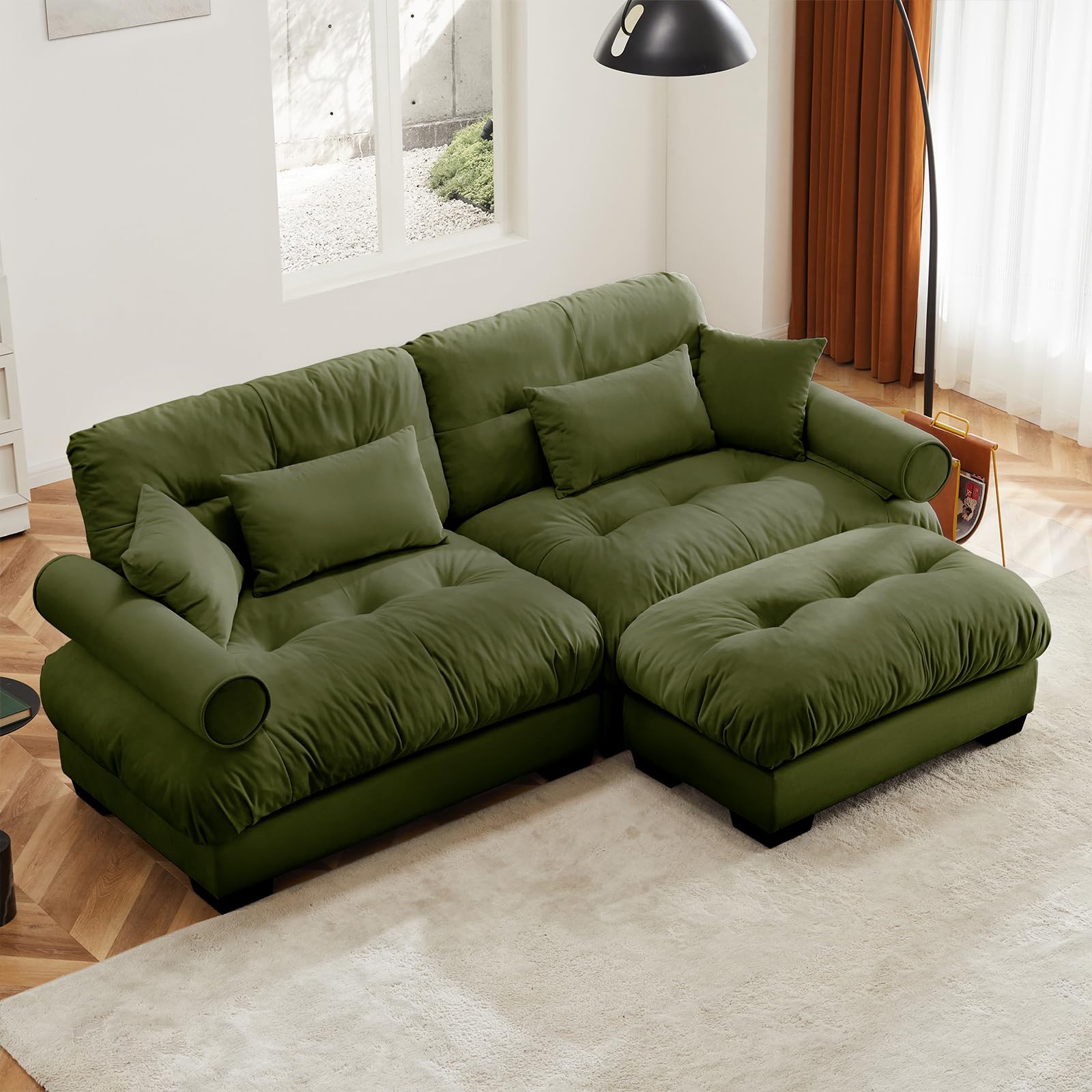 93.7" Loveseat Sofa, 2 Seater Modular Sectional Sofa, Olive Large L Shaped Sectional Couches for Living Room, Fluffy Couch, Love Seat, Velvet Cloud