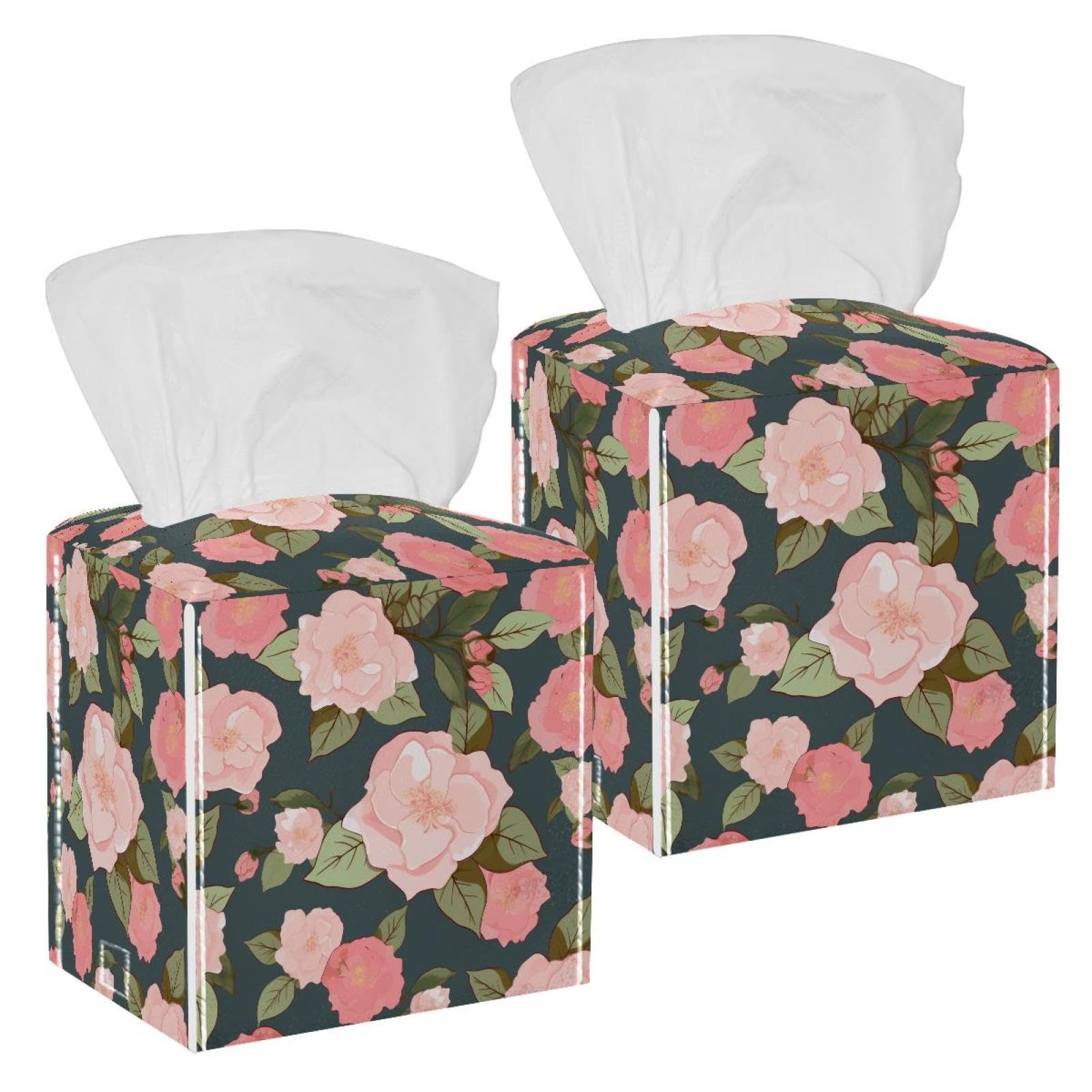 Camellias Painted Tissue Box Cover, 2 Pack PU Leather Square Facial Tissue Dispenser Box holder for Home Office Car