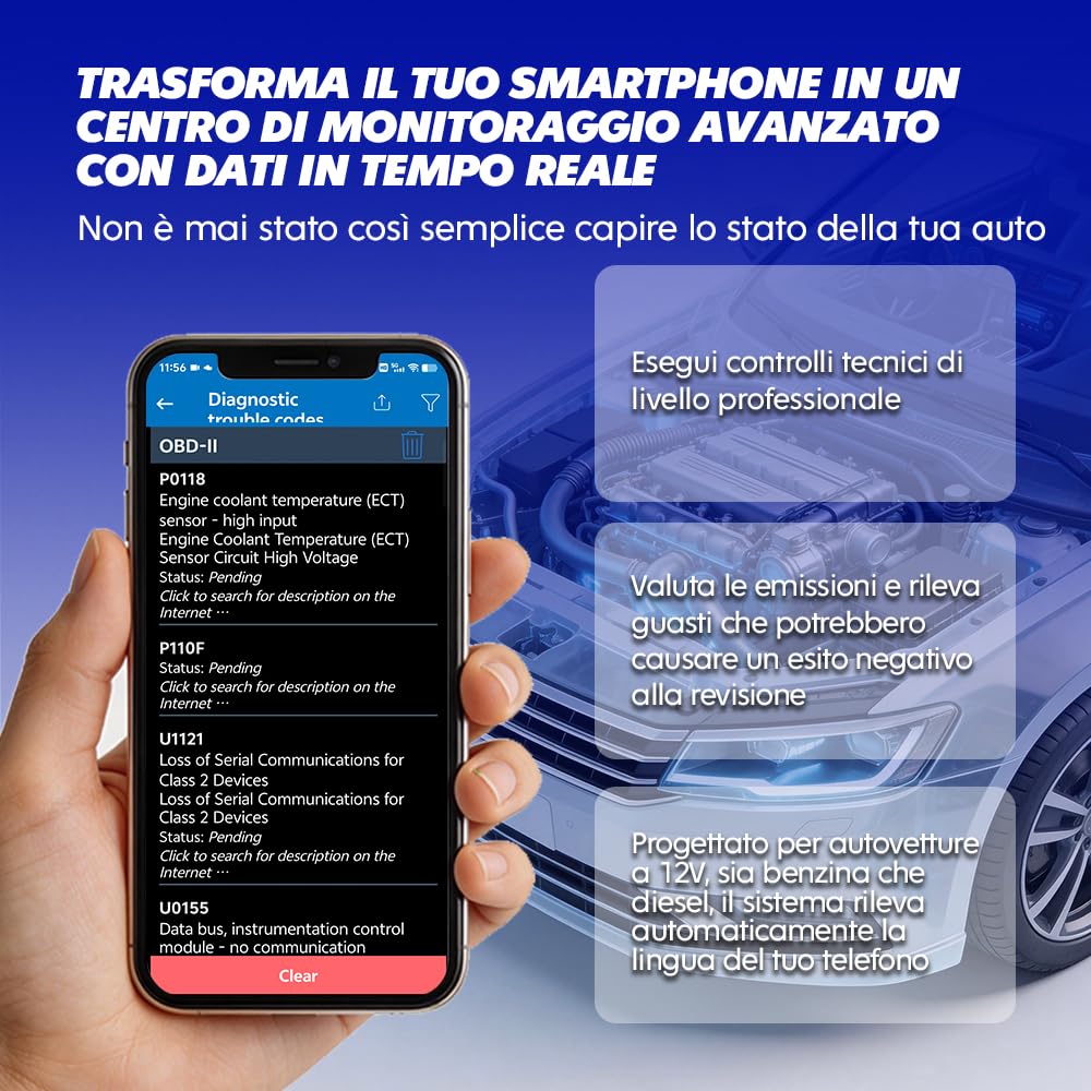 Sparco Dispositivo di diagnosi per auto multimarca OBD2 Scanner Bluetooth 5.2 per iOS e Android Lettore di codici di errore DTC Cancellazione dei guasti del motore Monitoraggio in tempo reale