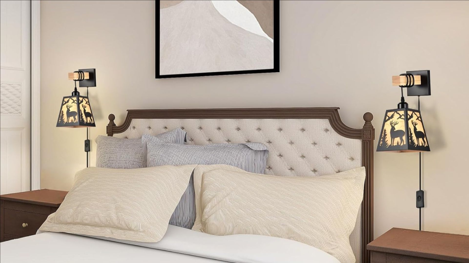 Image of Plug in Wall Sconce,Deer Matte Metal Rustic Wall Sconces,Black Wall Lights,Farmhouse Parchment Paper Shades Wall Sconce Set of Two,Wall Lamps for Bedside,Living Room,Bedroom,Hallway,Bathroom