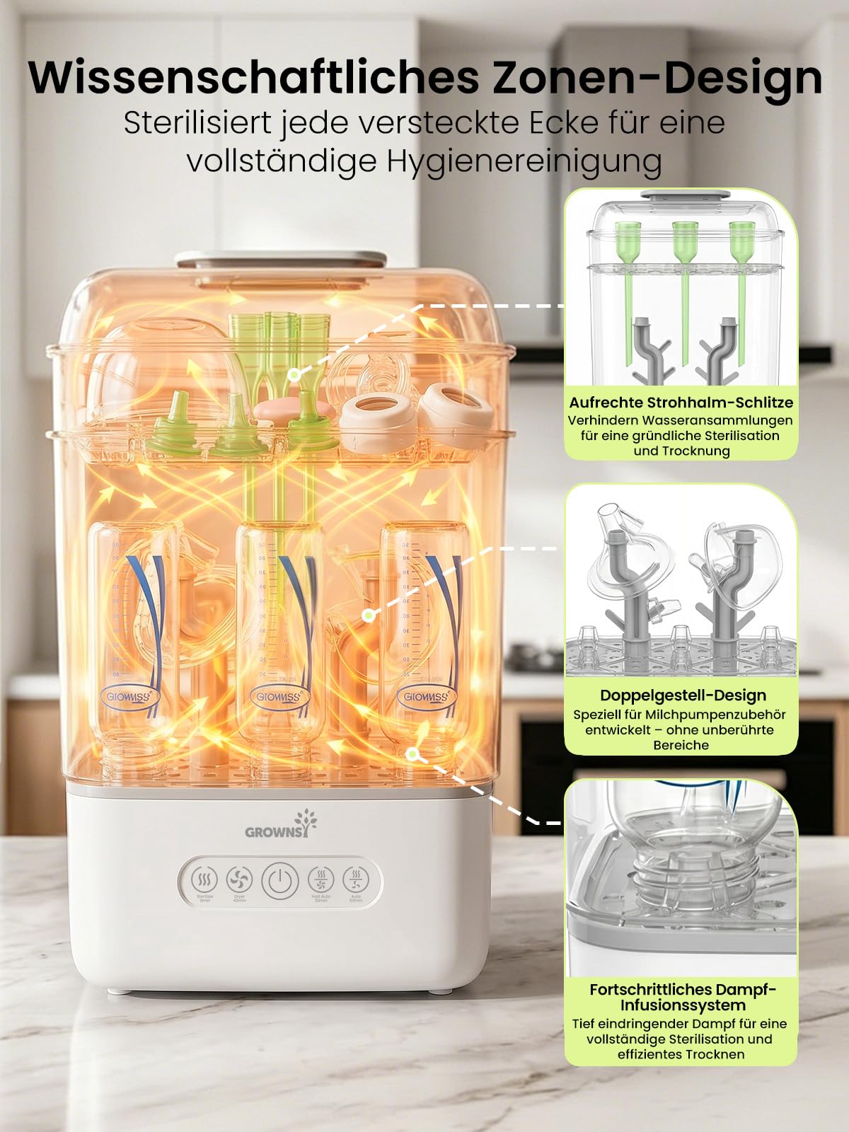 Grownsy Babyflaschen Sterilisator und Trockner, 3 Ebenen für 6-10 Flaschen, 8 Min Dampfsterilisation, BPA-frei, für Flaschen, Schnuller & Milchpumpenzubehör
