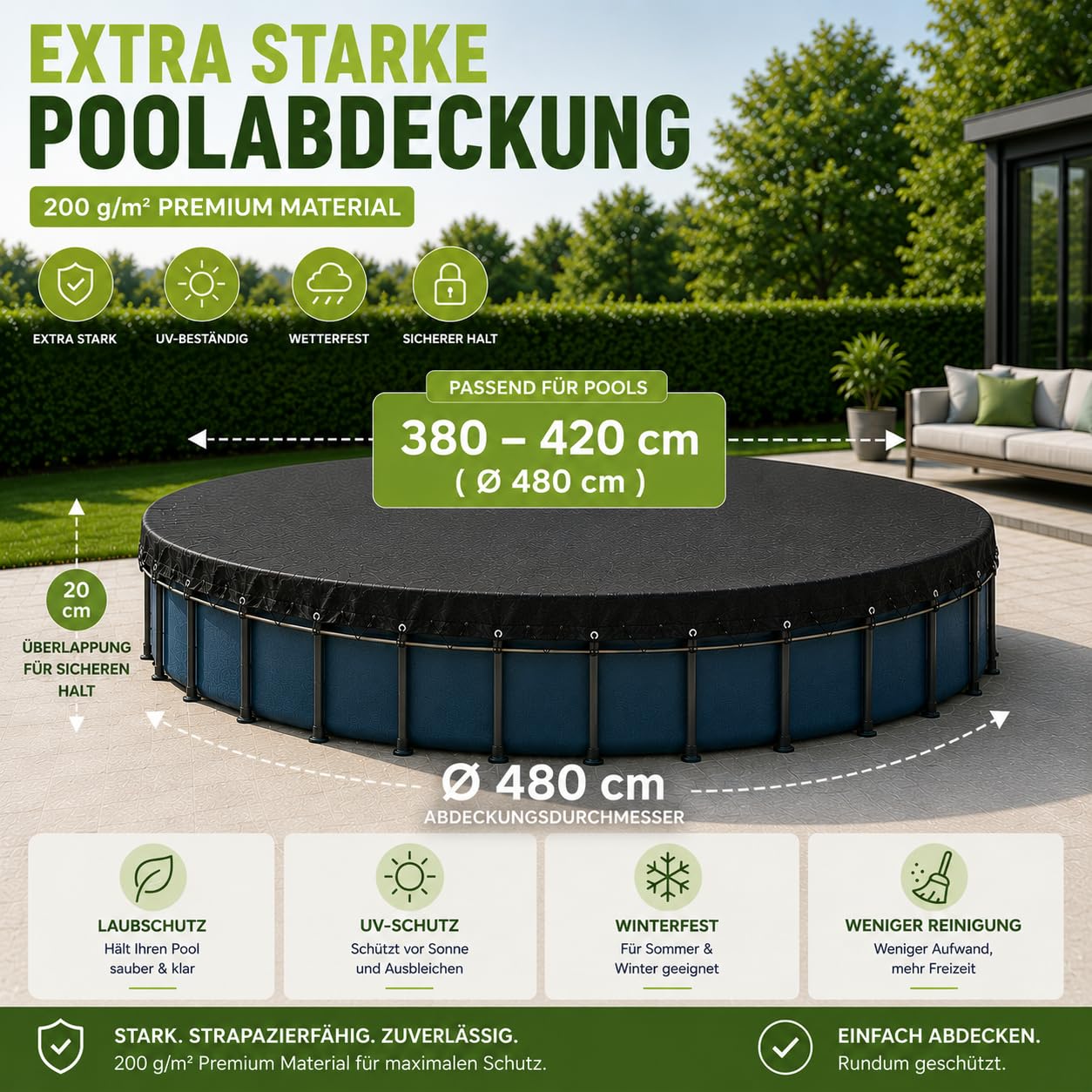 Cubierta redonda para piscina, lona extra fuerte de 200 g/m², cubierta solar resistente a los rayos UV, para verano e invierno, lona de piscina resistente en color negro (380-420 cm de diámetro de 480