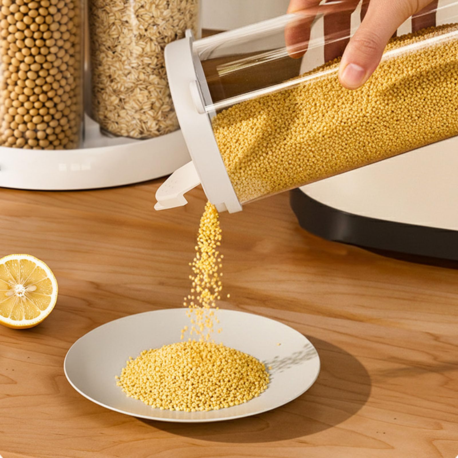 Rotierender Reis-Eimer, mehrere Fächer, transparent, für Küche, Getreidebehälter, lebensmittelechte Materialien, platzsparender Getreidespender für kleine Küchen