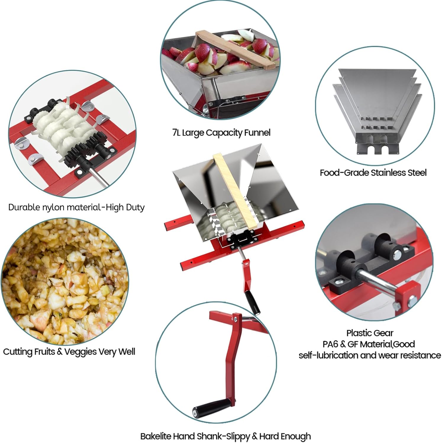 EJWOX Fruit and Apple Crusher - 7L Manual Juicer Grinder, Portable Fruit Scratter Pulper for Wine and Cider Pressing (Stainless Steel, 1.8 Gallon, Red)