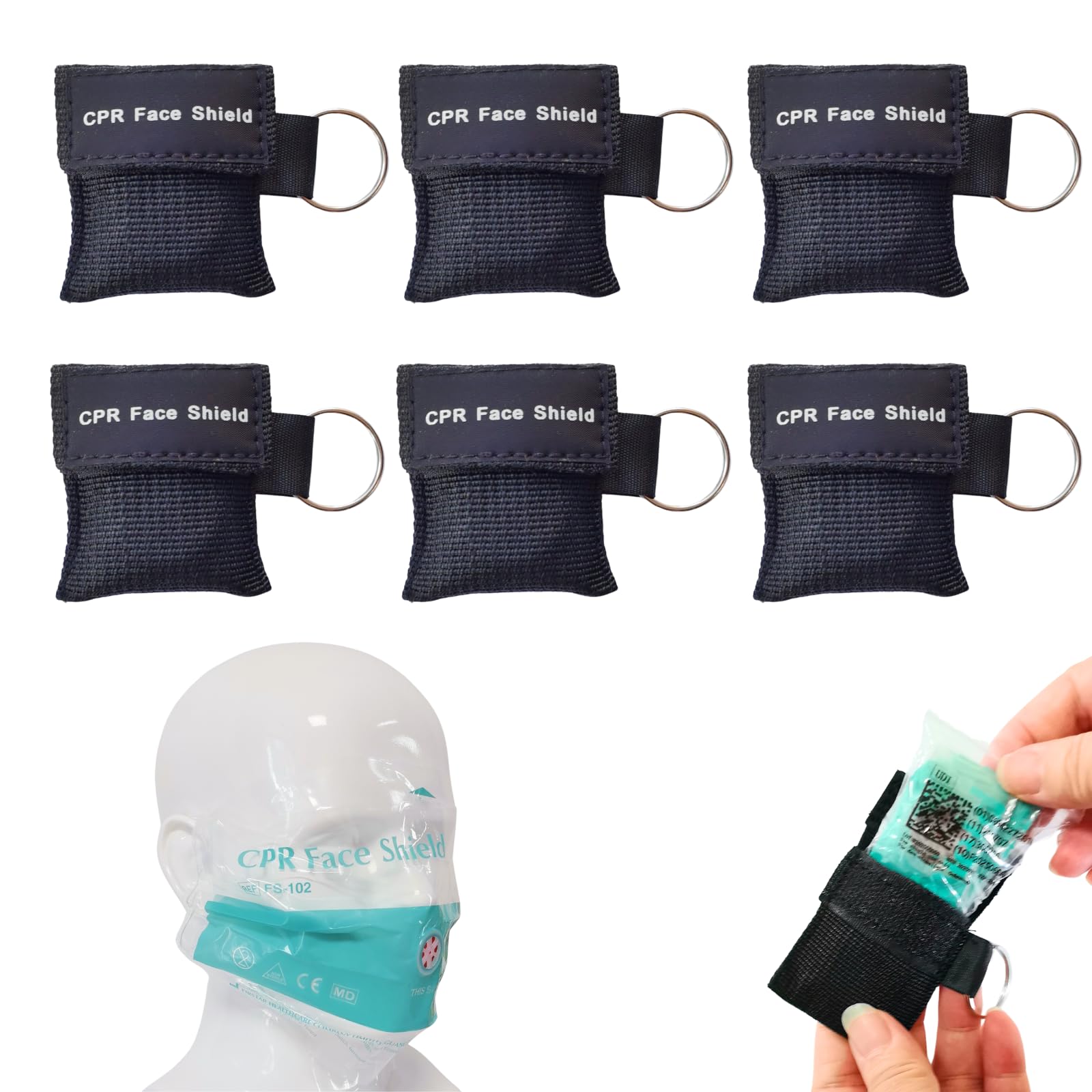Maschera di ventilazione 6 pezzi, maschera CPR portachiavi con moschettone, panno di ventilazione con valvola di ritegno, barriera respiratoria, CPR, maschera tascabile per primo soccorso o
