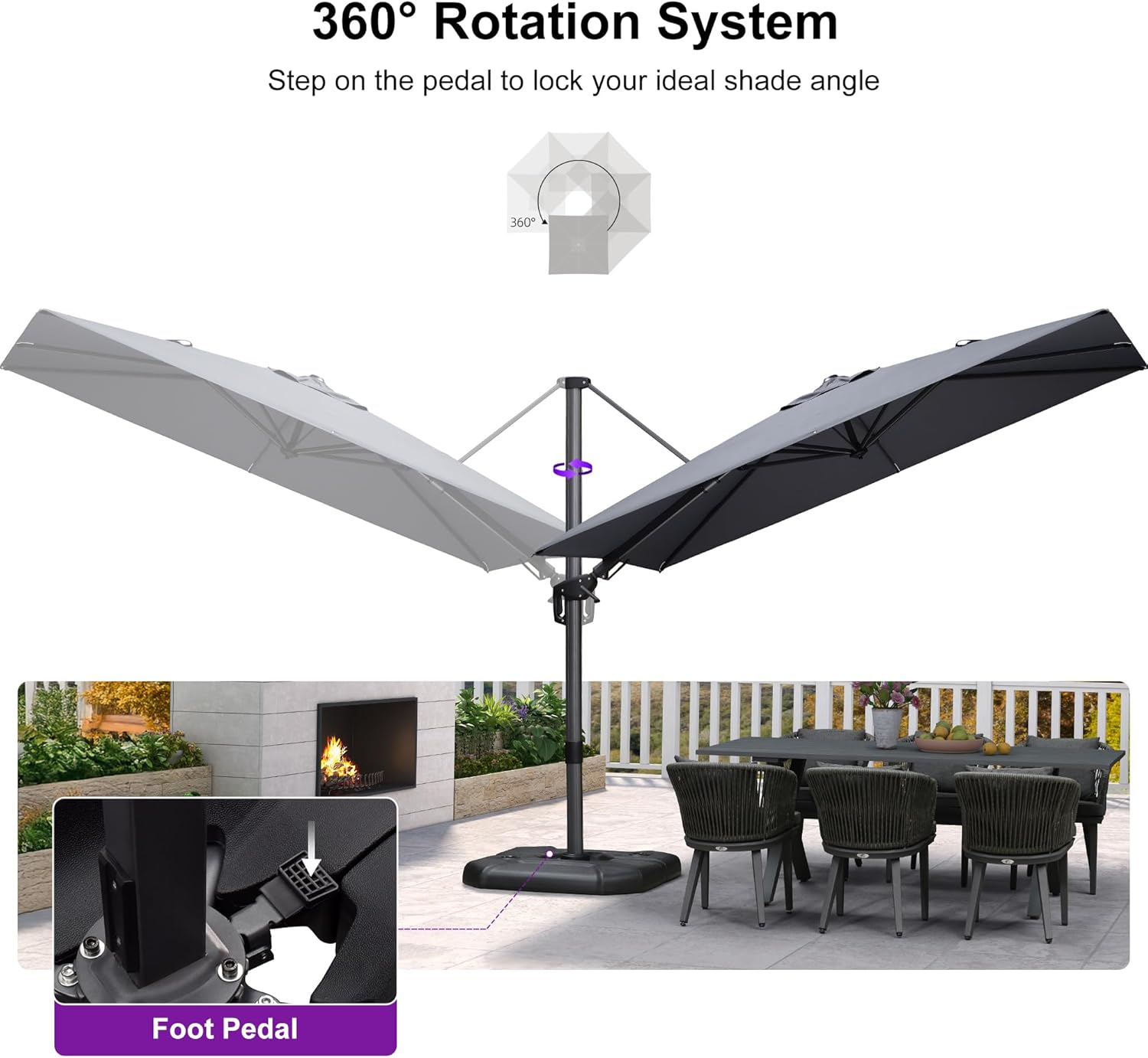 PURPLE LEAF 6' X 10' Left-right Tilt Patio Umbrella Outdoor Cantilever Swivel Rectangle Umbrella Aluminum Offset Umbrella with 360-degree Rotation for Garden Deck Pool Patio Light Grey