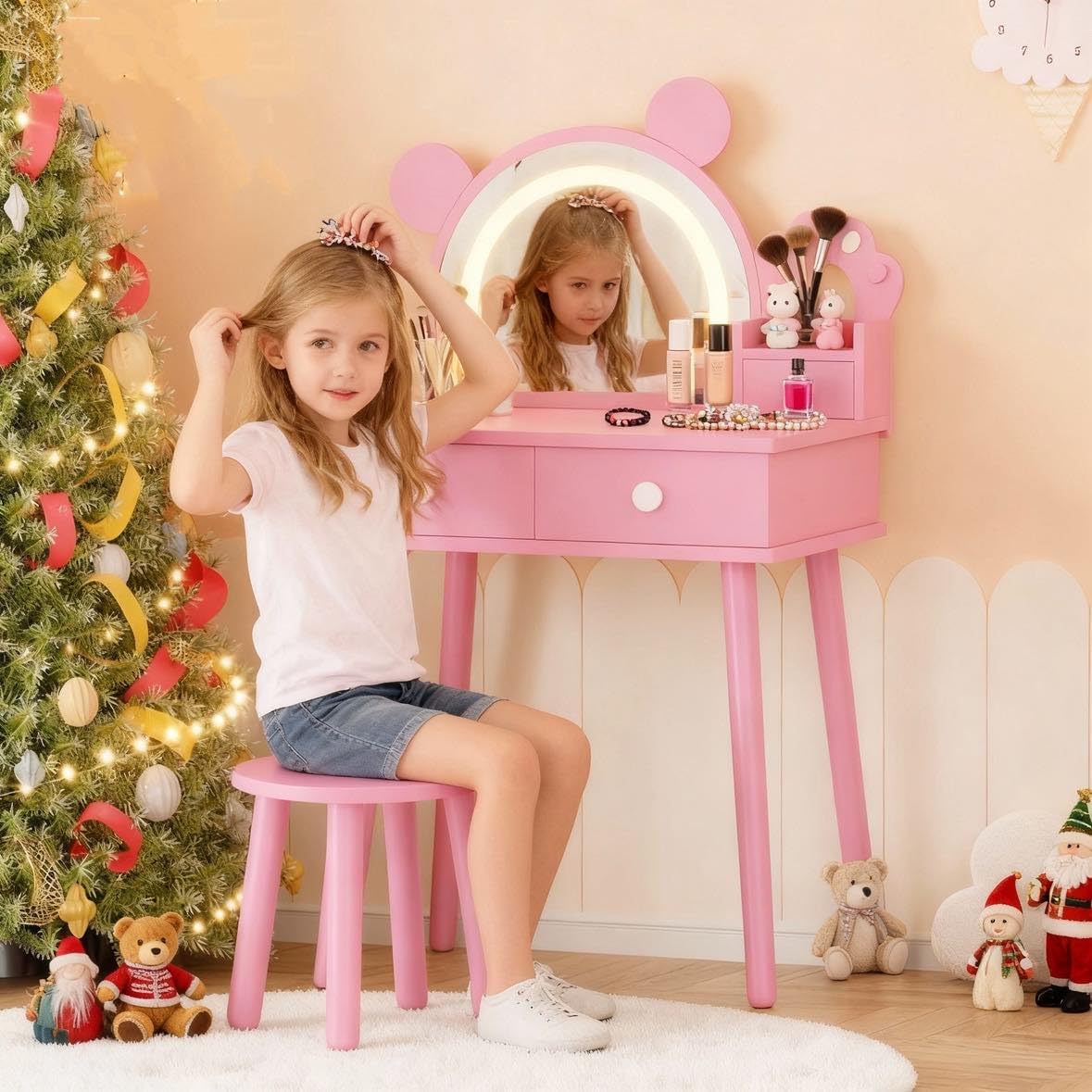 Garvee Toddler Vanity Set with Lights,Bear-Shaped Make Up Vanity Desk with Mirror&Stool,Wooden Princess Toddler Make Up Table Set for Bedroom,Pretend Play Vanity Sets for Little Girls(Pinks)