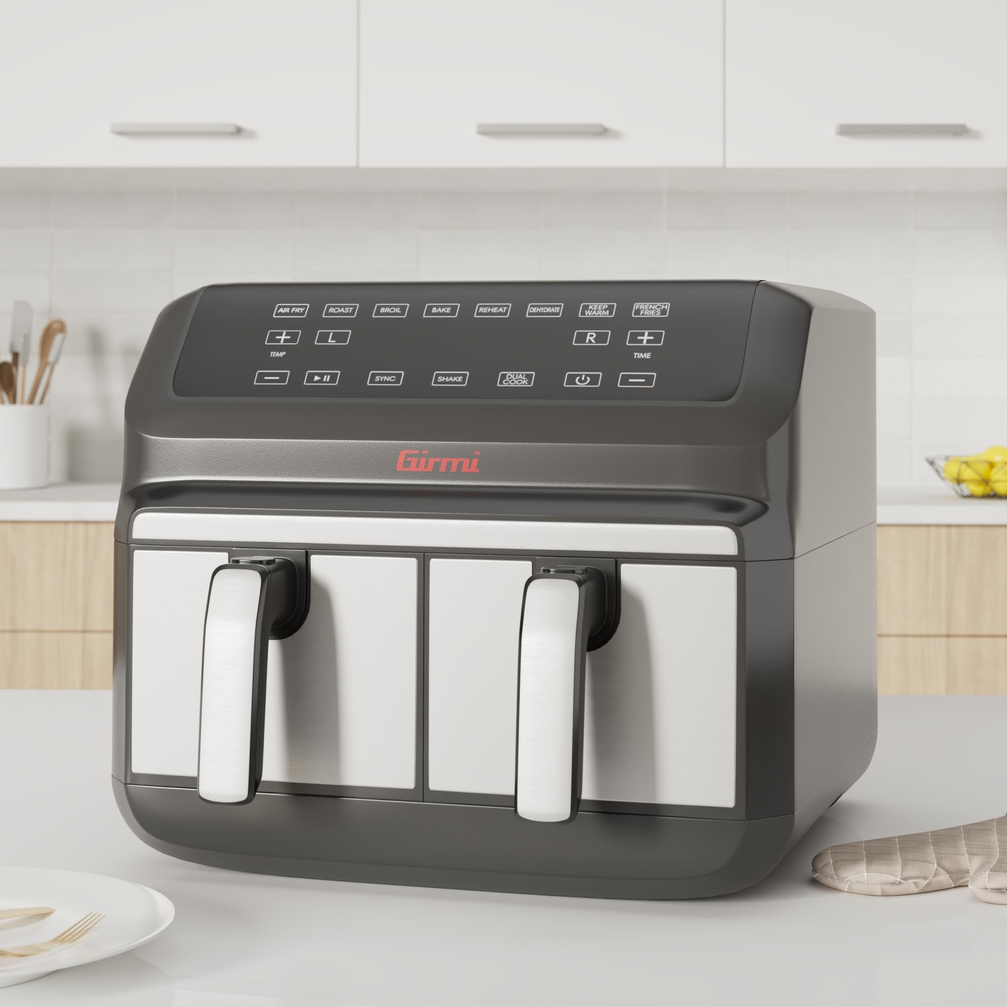 Girmi FG22 Friggitrice ad aria a Due Zone 8 Litri (4+4), 1700W, 8 modalità di cottura, Timer, Display Digitale, Ricettario incluso