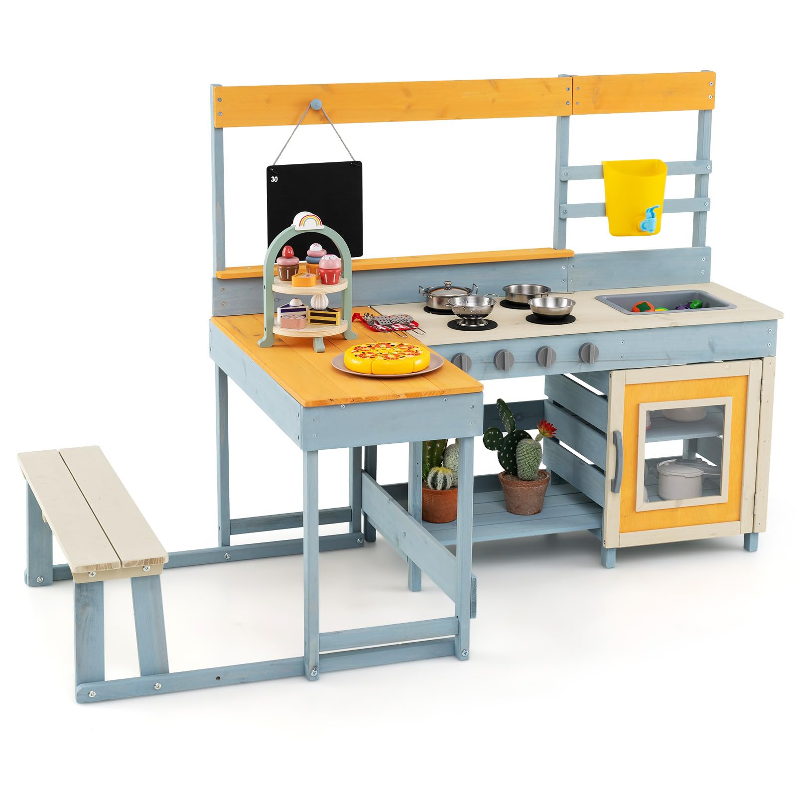 FANTASK Matschküche Kinder aus Holz, Outdoor Spielküche mit Picknicktisch & Bank, Kinderküche mit Wasserhahn, Spüle, Tafel & Zubehör, für Kinder ab 3 Jahren