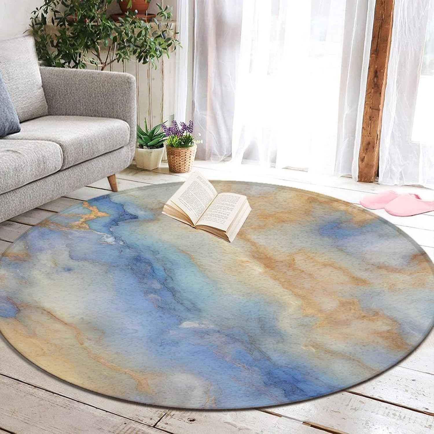 Soft and Playing Rug, Non-Slip Round Carpet Compatible with Watercolor Blue White Gold Marble, Funny Bedroom Chair Floor Decor Rugs, Indoor/Outdoor Water Absorb Pad, 60 Inches