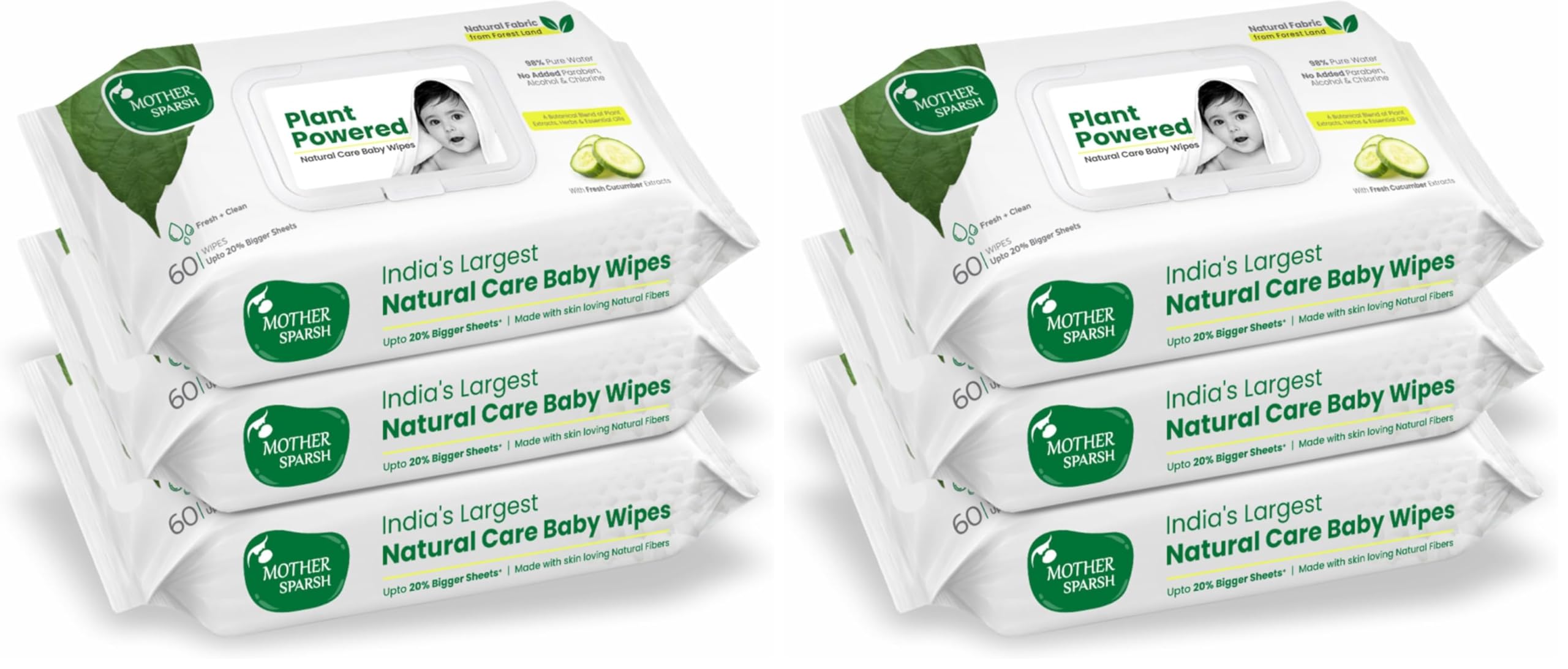 Mother Sparsh Natural Care Water Baby Wipes with Lid | 100% Plant Made Fabric From Forest Land | Fresh+Cleanse (with Cucumber) Plant Powered Wet Wipes For Baby I Cotton Cloth Like Bigger Sheets | 60 Pcs (Pack of 6)-image-23