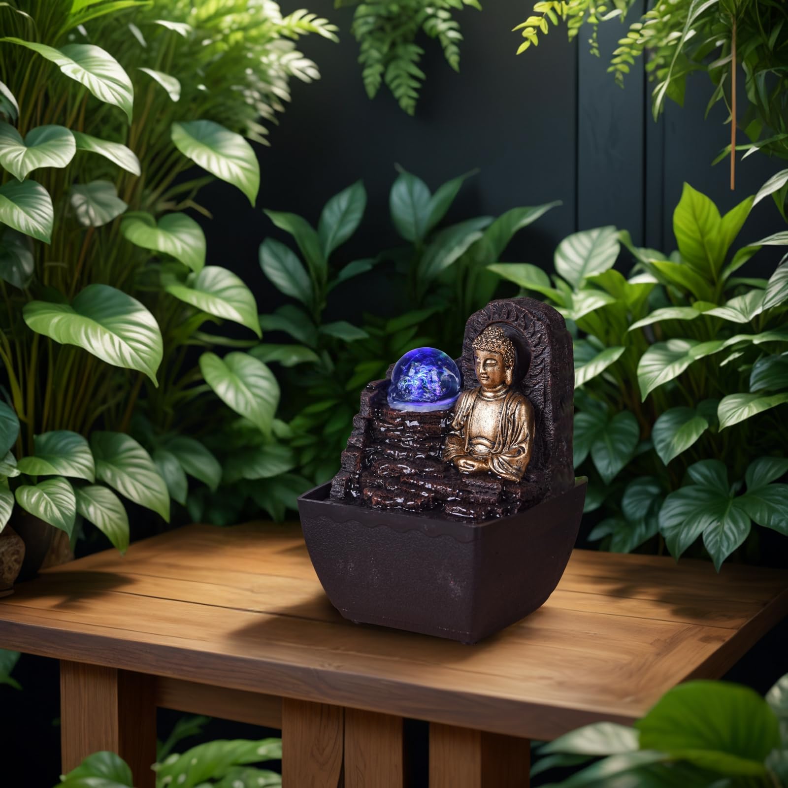 Fontanna Zen Budda Kolorowe światło LED - Dekoracja Zen Spirit - Obiekt szczęścia Feng Shui - Fontanna stołowa - Inteligentny i przydatny pomysł na prezent w niskiej cenie - wys. 18 cm - Theravada