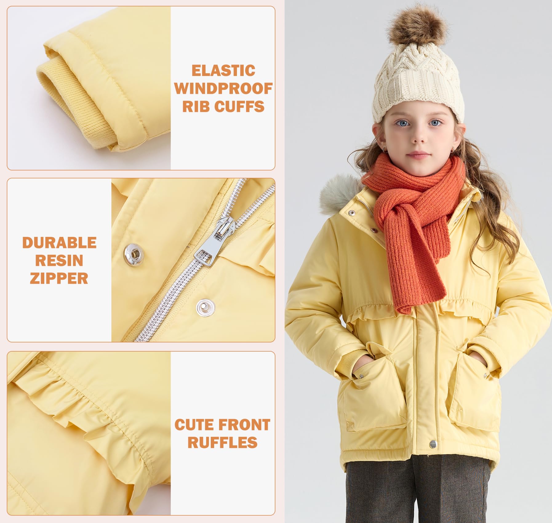 SOLOCOTE Abrigo de invierno para niñas pequeñas Ligero con capucha de piel forro de sherpa puños de canalé Chaqueta resistente al agua para niños