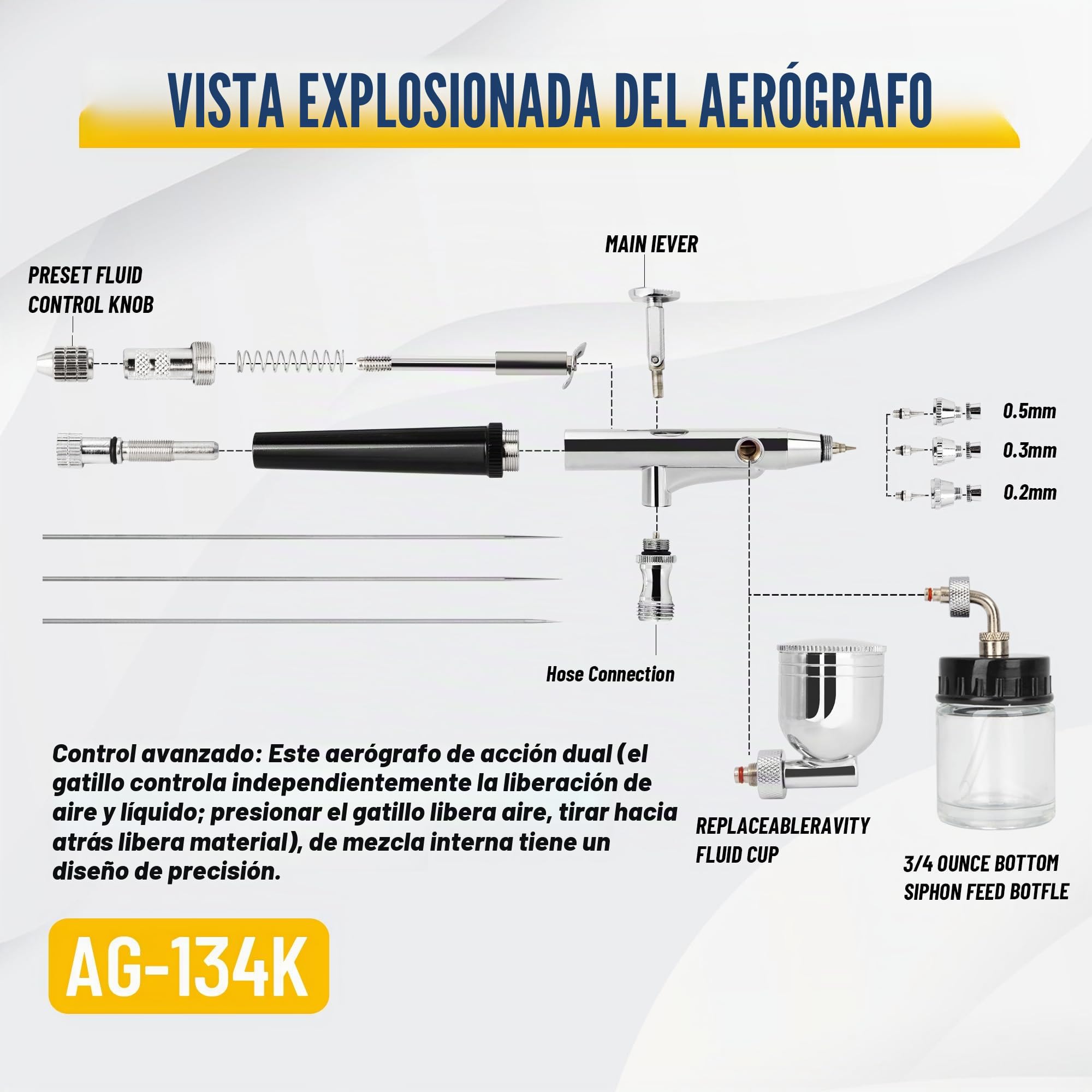 Fengda Pistóla de aerógrafo kit FE-134K con aguja/boquilla de 0,2/0,3/0,5 y tubo.