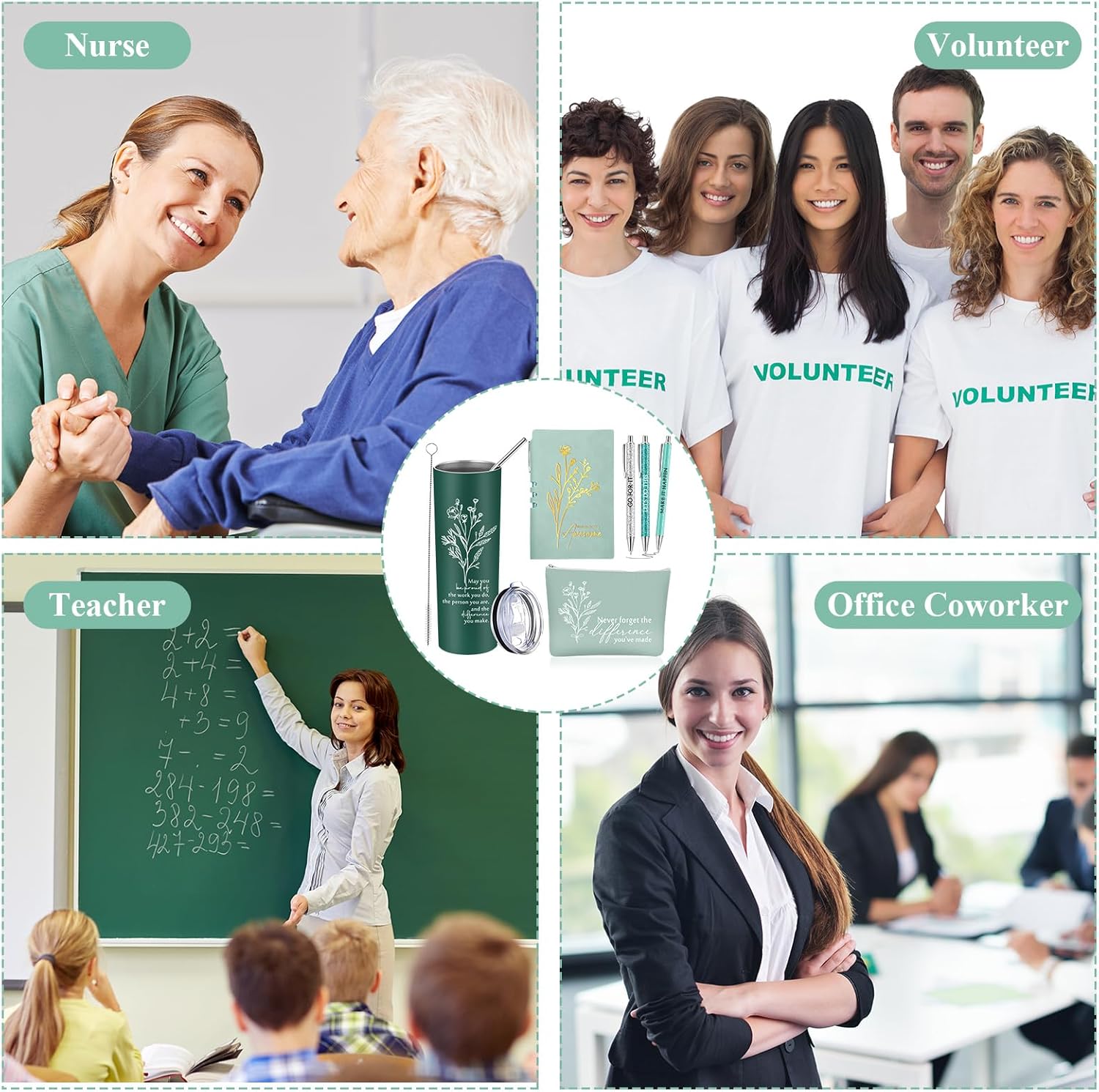 6 Pcs Employee Appreciation Gift Thank You May You Be Proud 20 oz Boho Flower Tumbler Makeup Bag A6 Leather Journal Ballpoint Pens Office Graduation Appreciation Coworkers Boss Gifts (Green) - Image 7