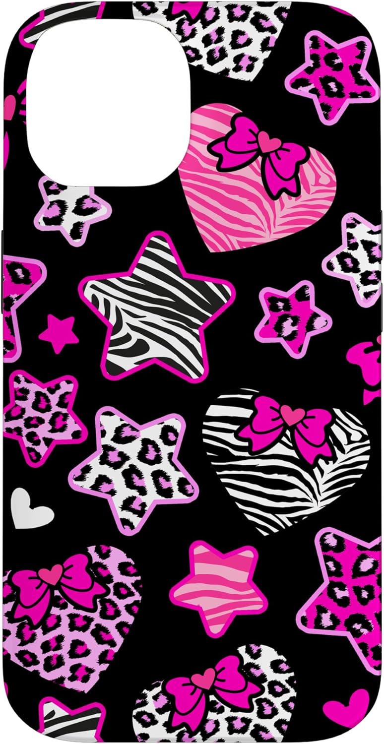McBling Aesthetic Heart Star Leopard Zebra Pink Y2K Bimbo Case for iPhone 14