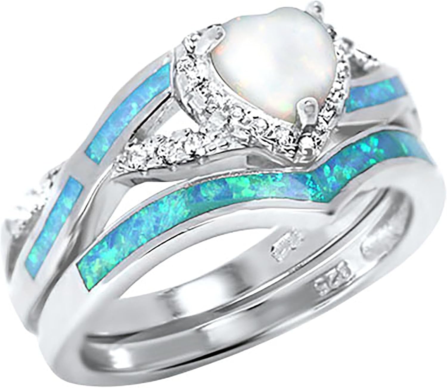 TRIO Wedding Ring Sets His And Hers Promise Ring Couples Bridal Sets Women Sterling Silver Lab Opal Man Titanium Wedding Bands 5/9