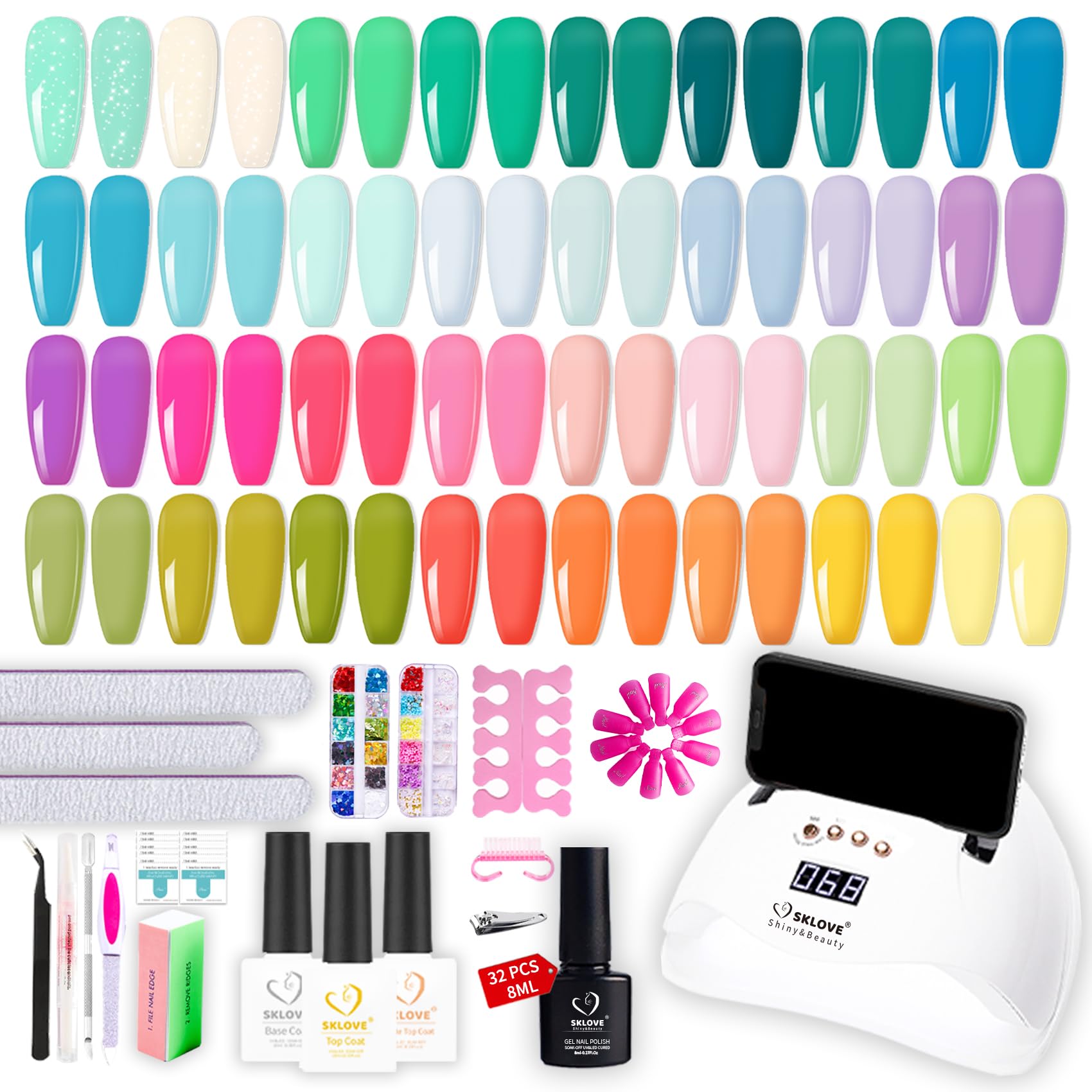 Gel Nail Polish Kit 68 Pcs,32 Color Neon Gel Polish With 168W Quick-dry UV Light Base and Matte Glossy Top Coat Starter Kit,Gift for Women
